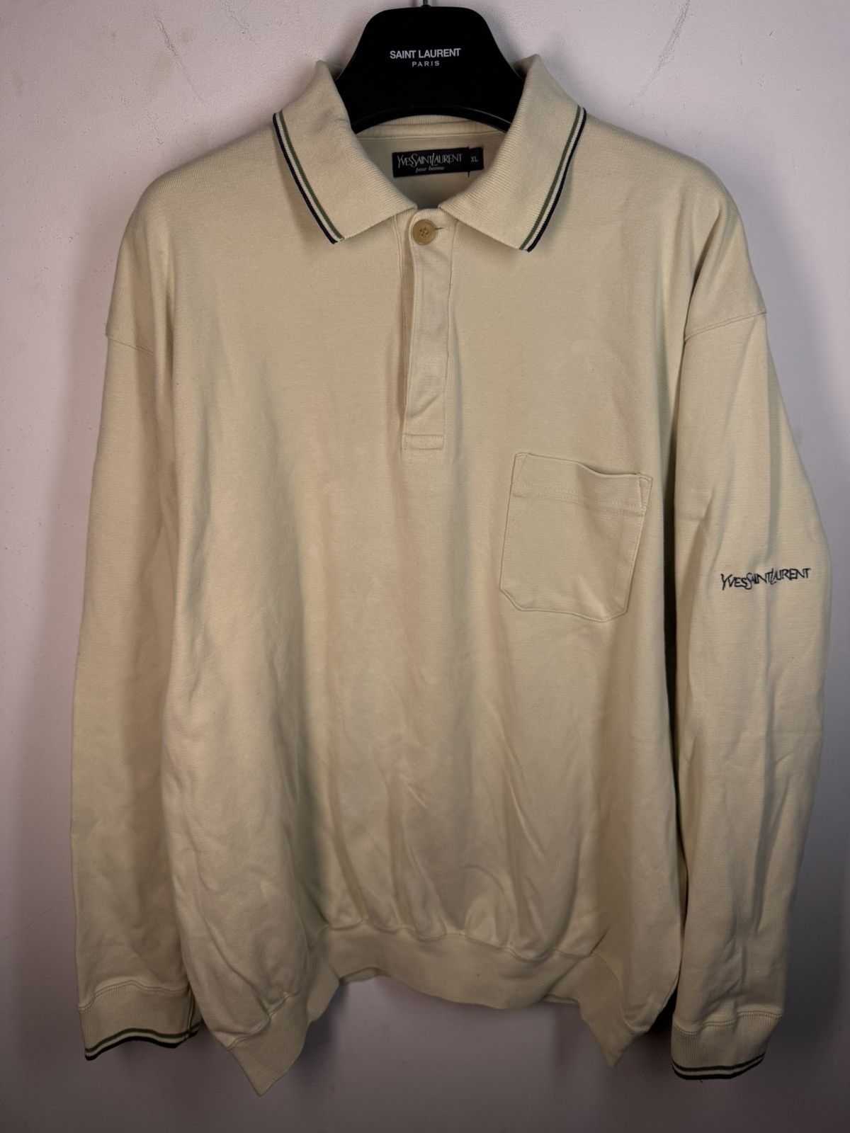 Yves Saint Laurent 90s Beige YSL Sweatshirt 1/4 Button Up Sweater Rugby Shirt Size US XL / EU 56 / 4 - 2 Thumbnail