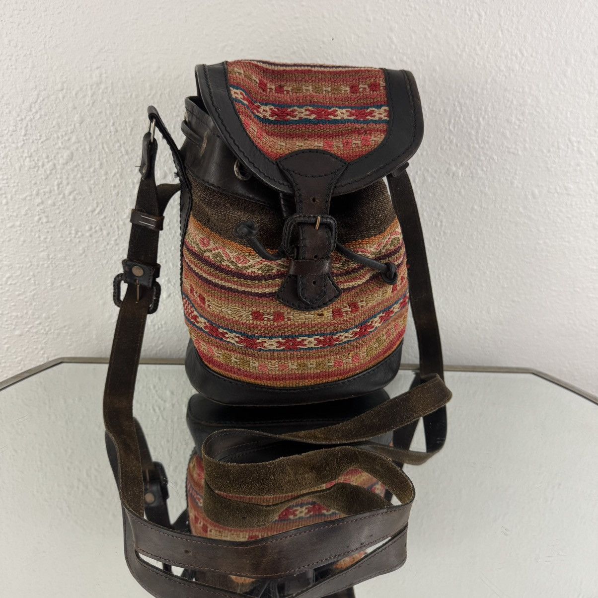 Vintage Brown Leather Orange Tapestry Bucket Crossbody Bag, Women's