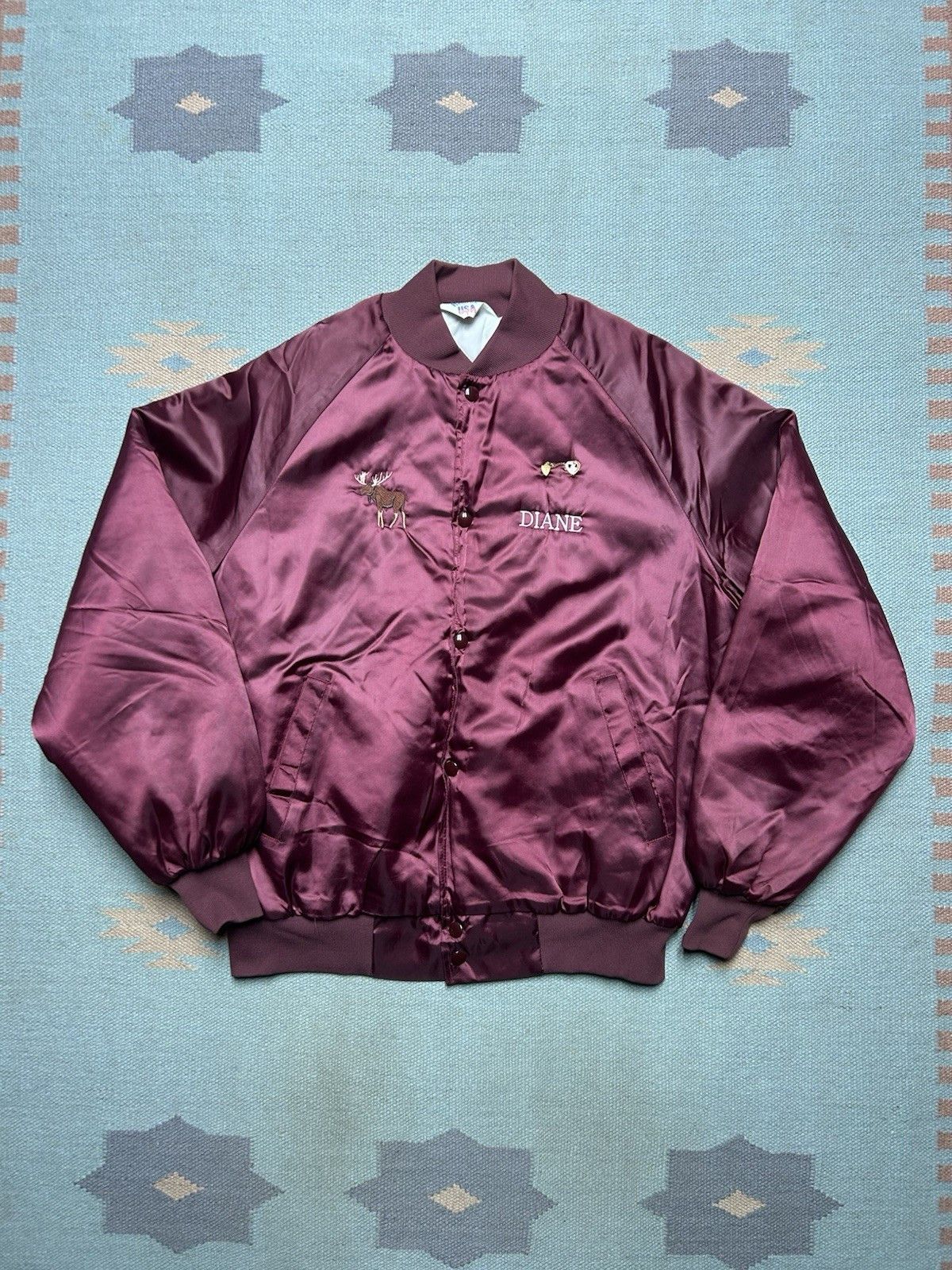 Vintage 80s satin bomber jacket Mancelona Michigan embroider moose L Size US L / EU 52-54 / 3 - 4 Thumbnail