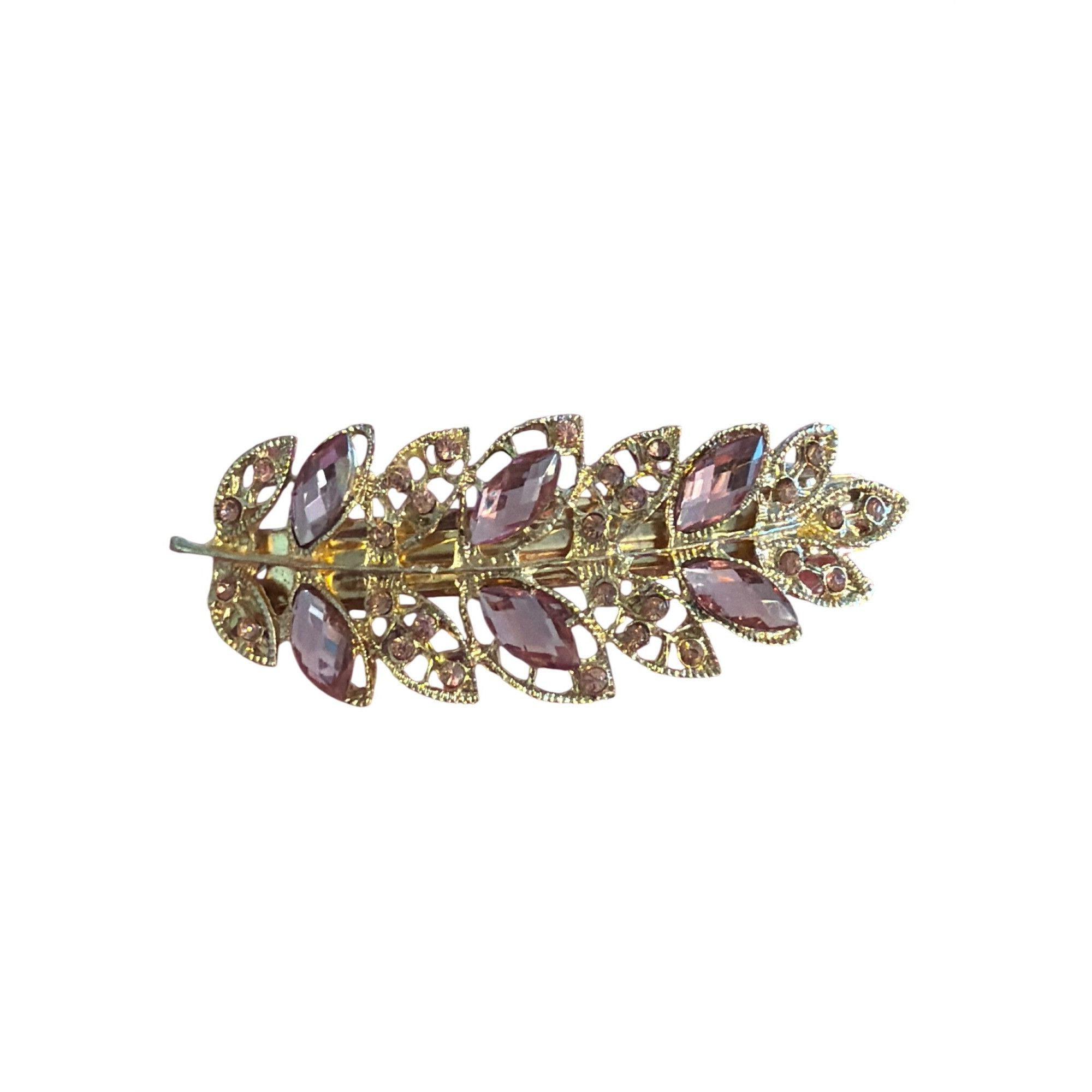 Other Gold Tone Leaf Hair Clip Barrette Pink Rhinestones Tight Spr Size ONE SIZE - 1 Thumbnail