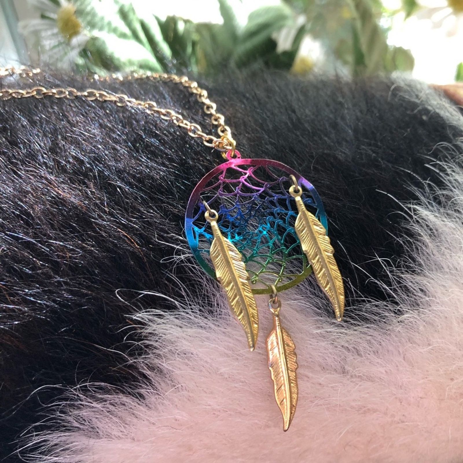 Jewelry Rainbow metal dream catcher gold feather pendant necklace Size ONE SIZE - 1 Thumbnail