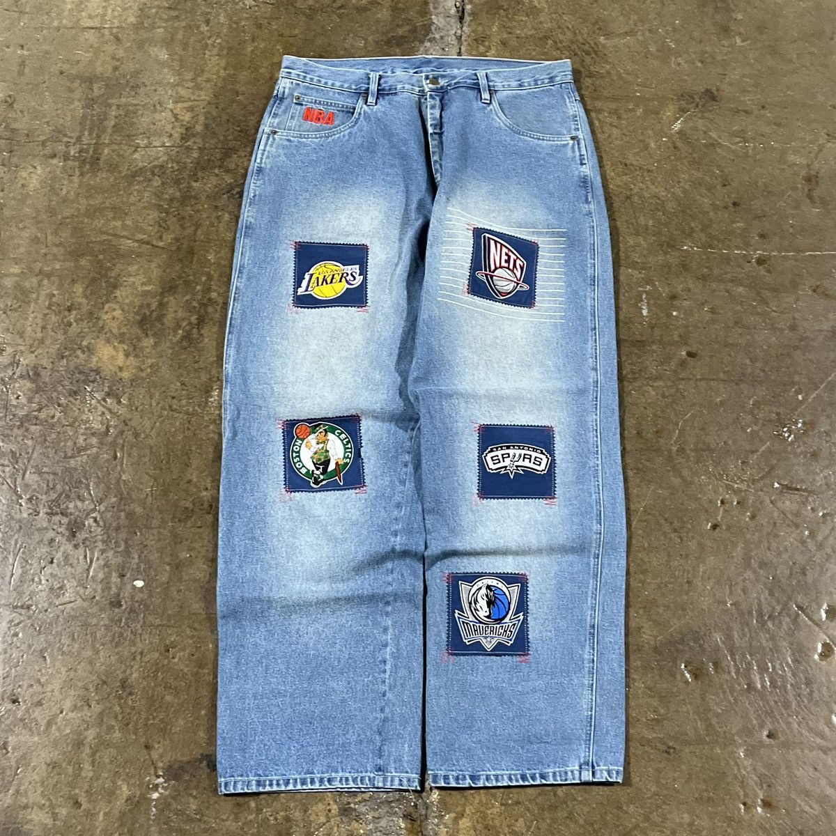 Image of Jnco x NBA Crazy Vintage Y2K Baggy Nba Jeans Skater Wide Leg Unique in Blue, Men's (Size 36)