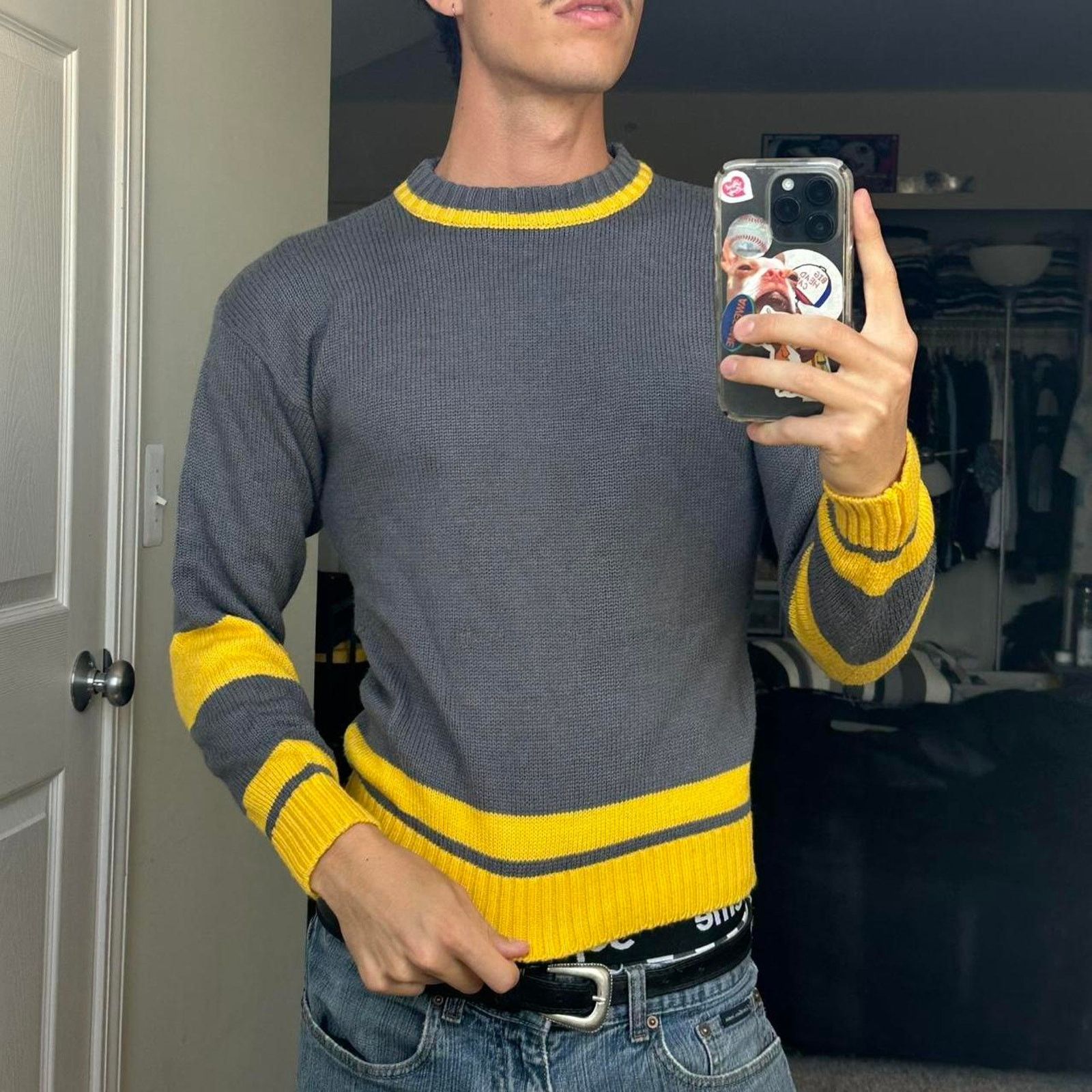 Vintage Vintage 60s 70s Grey Striped Yellow Fitted Pullover Sweater Size US XS / EU 42 / 0 - 2 Thumbnail