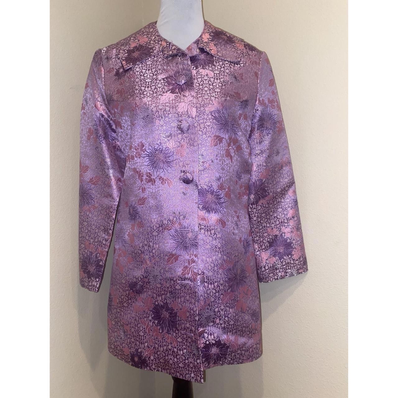 Designer Vintage Style Pink Magenta Floral Brocade Satin Jacket RARE Size L / US 10 / IT 46 - 3 Thumbnail