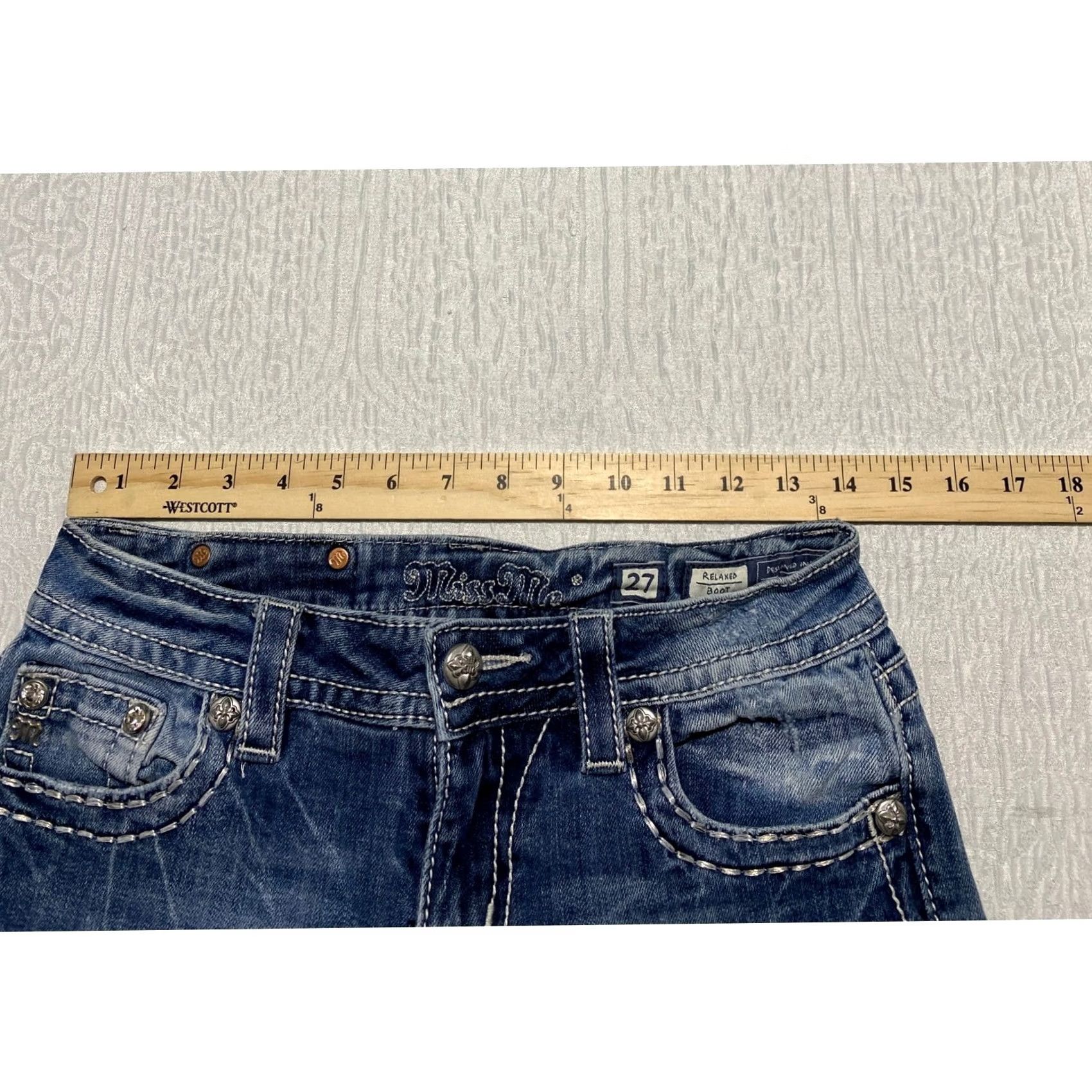 Miss Me Miss Me Relaxed Boot Jeans Blue 27 5-Pocket Denim Rhinestone Embellished Distressed Bootcut Y2K Bling Women Mens Size 27" / US 4 / IT 40 - 5 Thumbnail