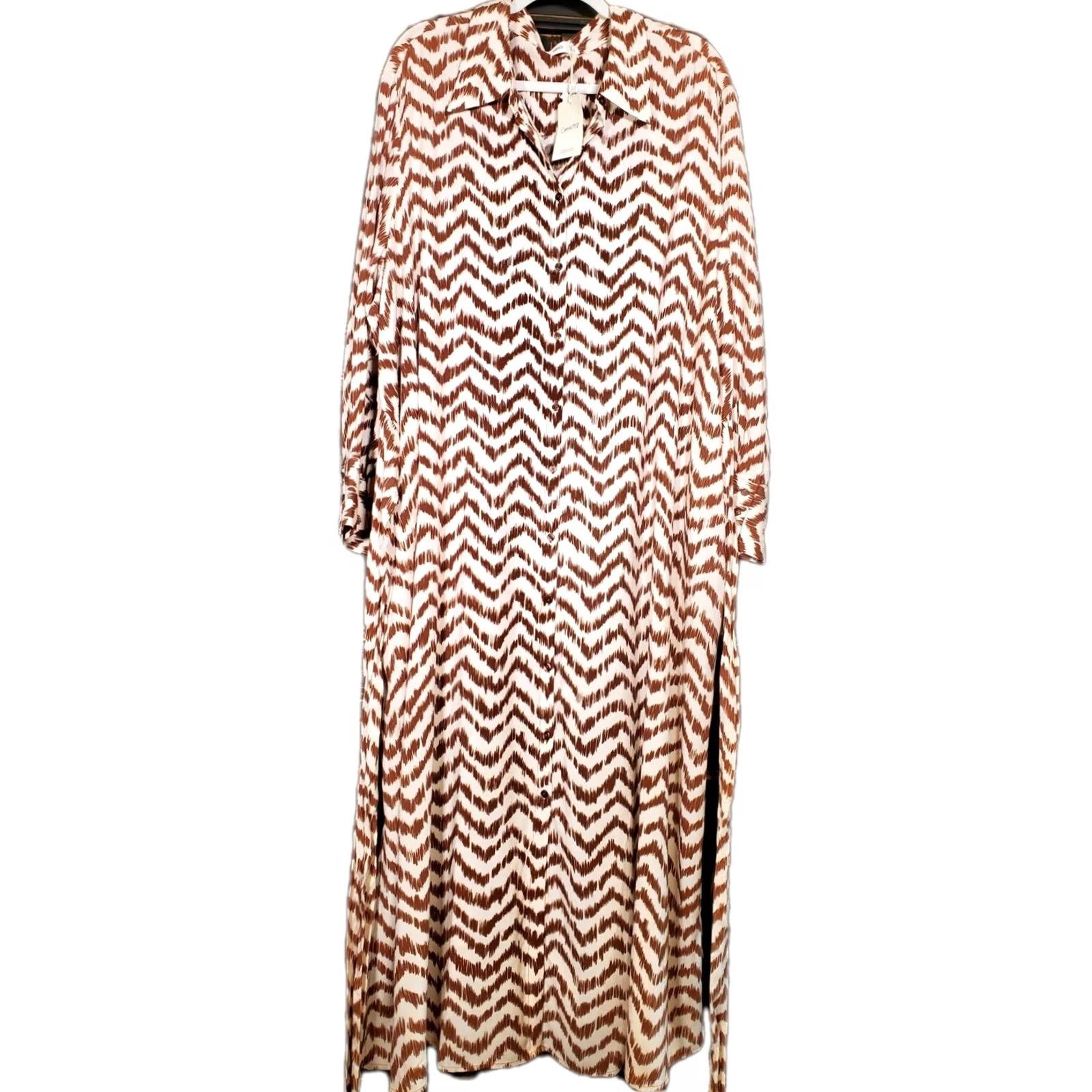 Mango Mango MNG Grape Geometric Midi Shirt Dress Brown Ivory Women's Size 20 Plus NWT Fashion Shirt Dress Womens Size 3XL / US 20-22 - 7 Thumbnail