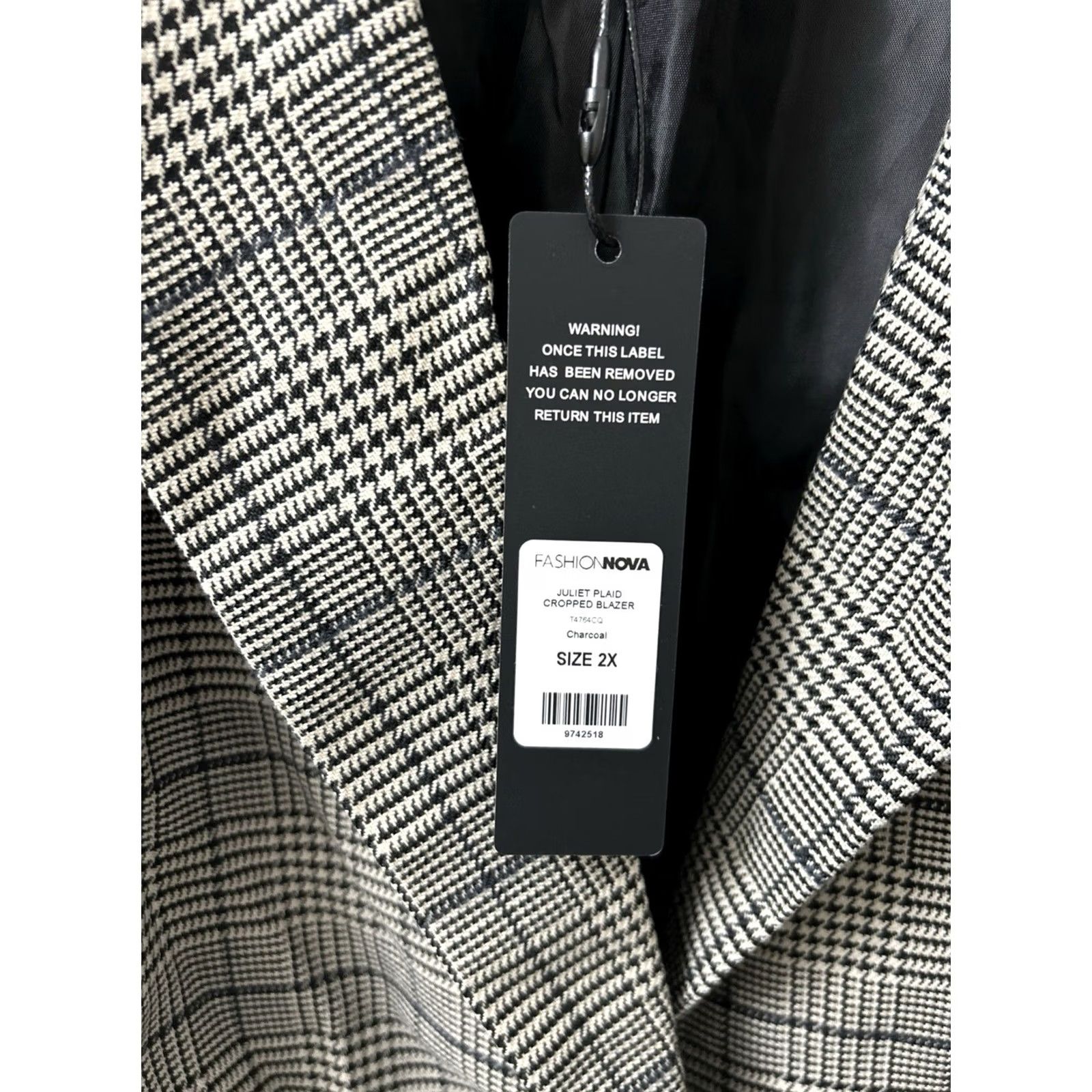 Fashion Nova Fashion Nova Cropped Blazer Womens 2X Gray Plaid Houndstooth Juliet Jacket Size XXL / US 16-18 / IT 52-54 - 5 Thumbnail