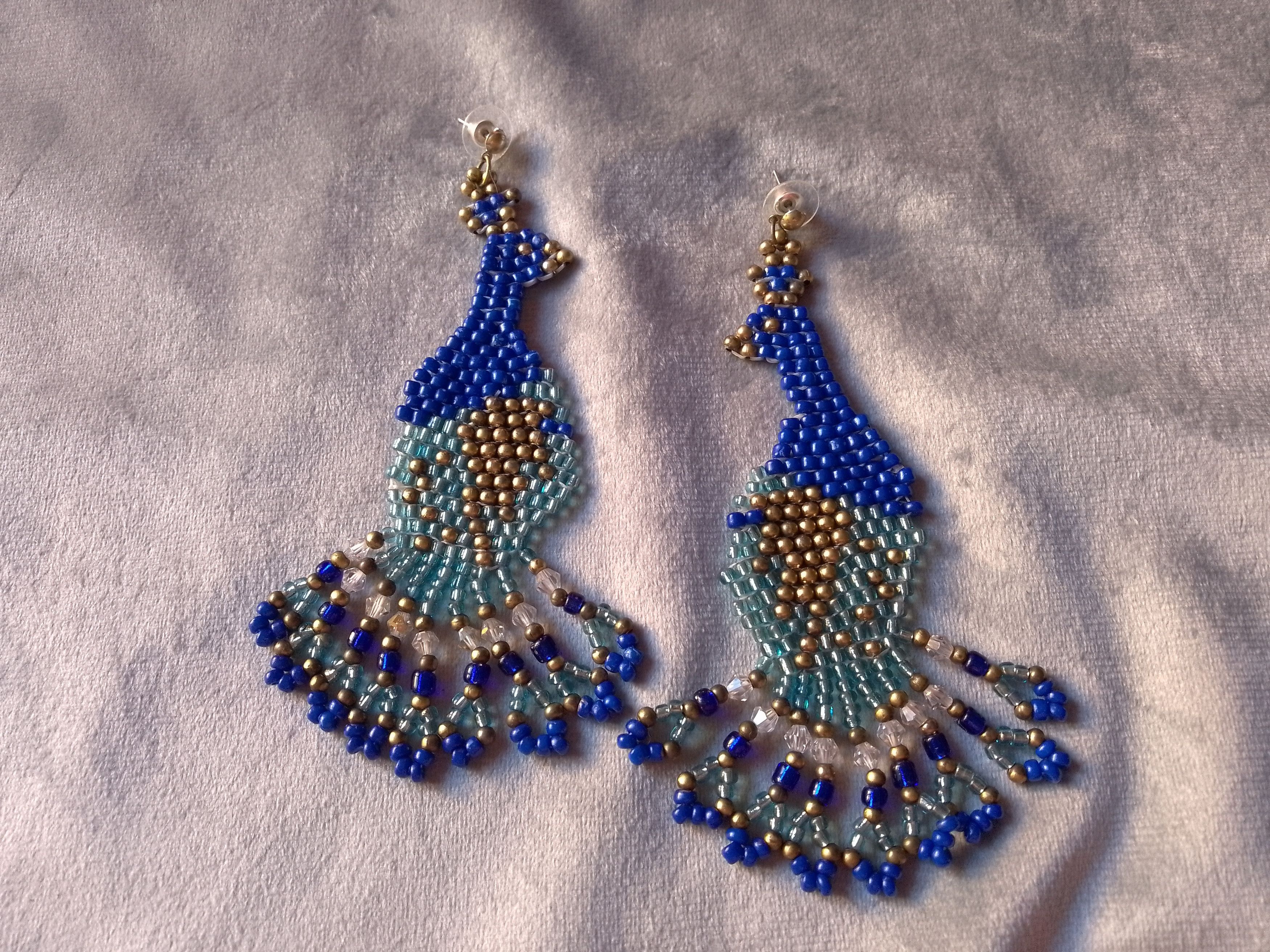 Handmade Earrings Long Beaded Peacock Blue Crystal Elegant Size ONE SIZE - 1 Thumbnail