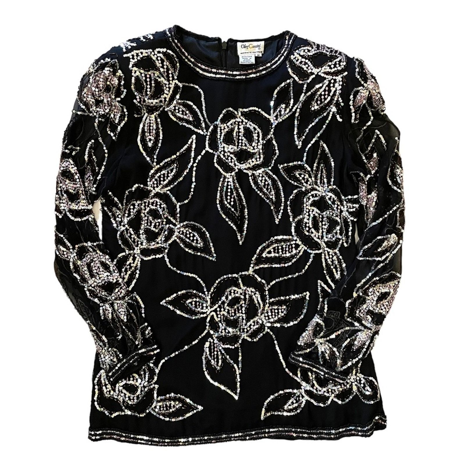 Oleg Cassini × Vintage Authentic Oleg Cassini Vintage Beaded Black Silk Floral Top Size M / US 6-8 / IT 42-44 - 1 Thumbnail