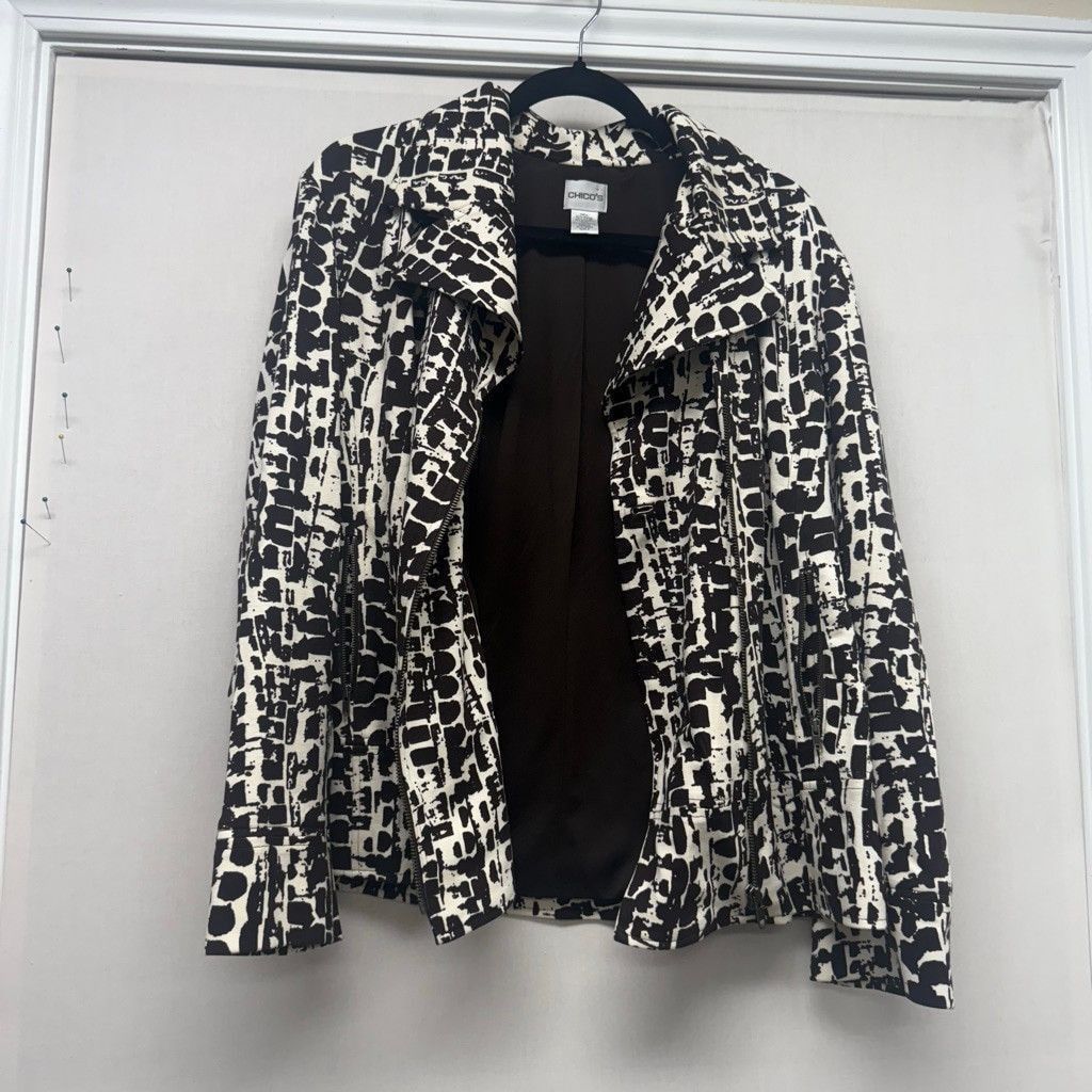 Chicos Women's Chico's Espresso&Cream Abstract moto Jacket Size L Size L / US 10 / IT 46 - 2 Thumbnail