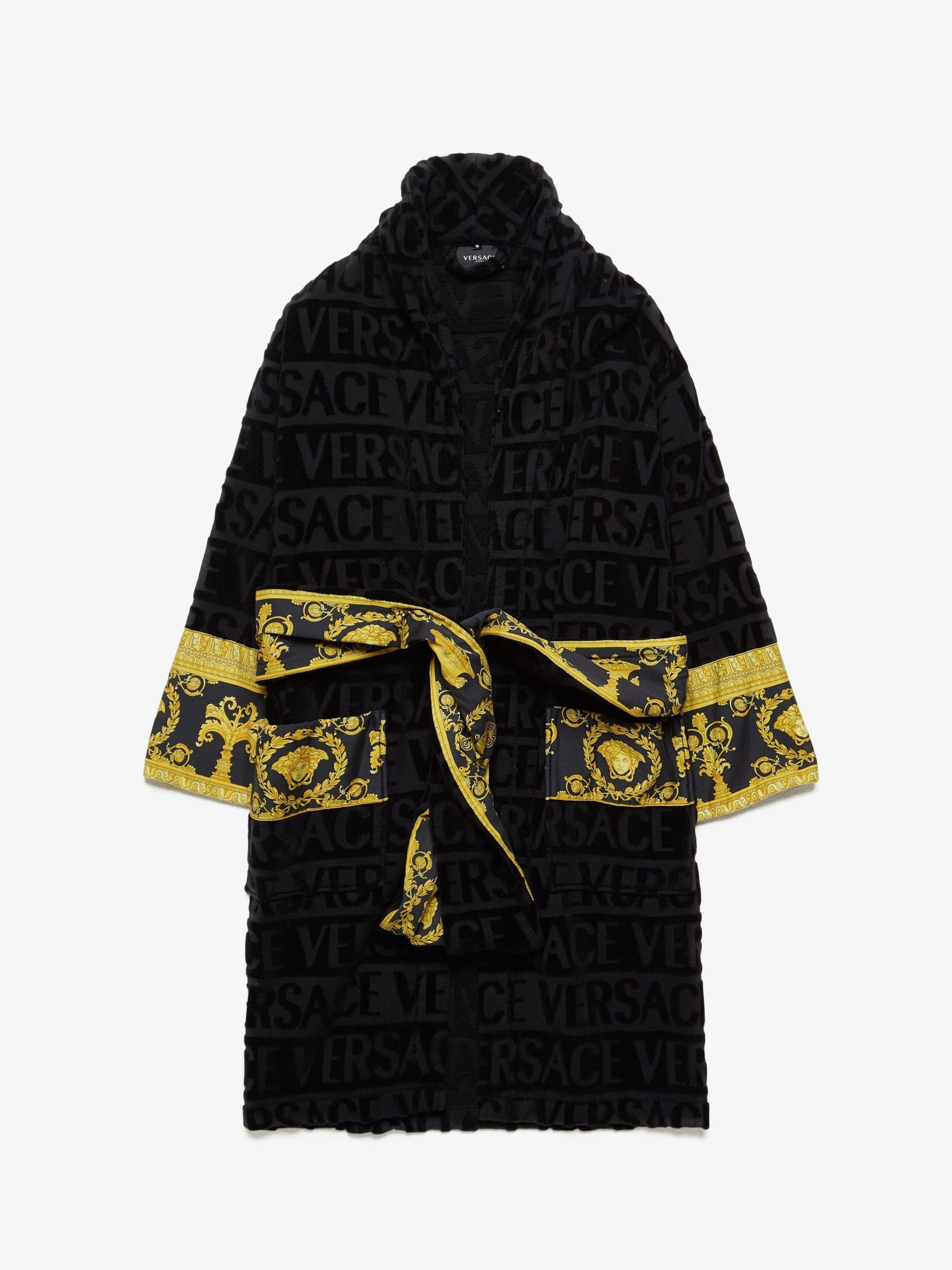 image of Versace Black Logo Embossed Robe + Scarf, Men's (Size Small)