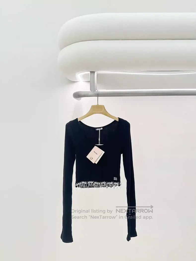 Miu Miu Miu Miu Size XS Crystal pendant black long sleeve short top Size XS / US 0-2 / IT 36-38 - 1 Thumbnail