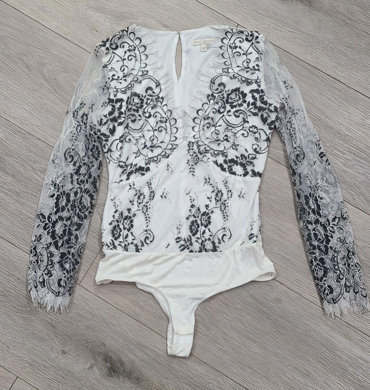 Designer Eva Mendes Bodysuit Top Small White Black Lace V Neck Size S / US 4 / IT 40 - 1 Thumbnail