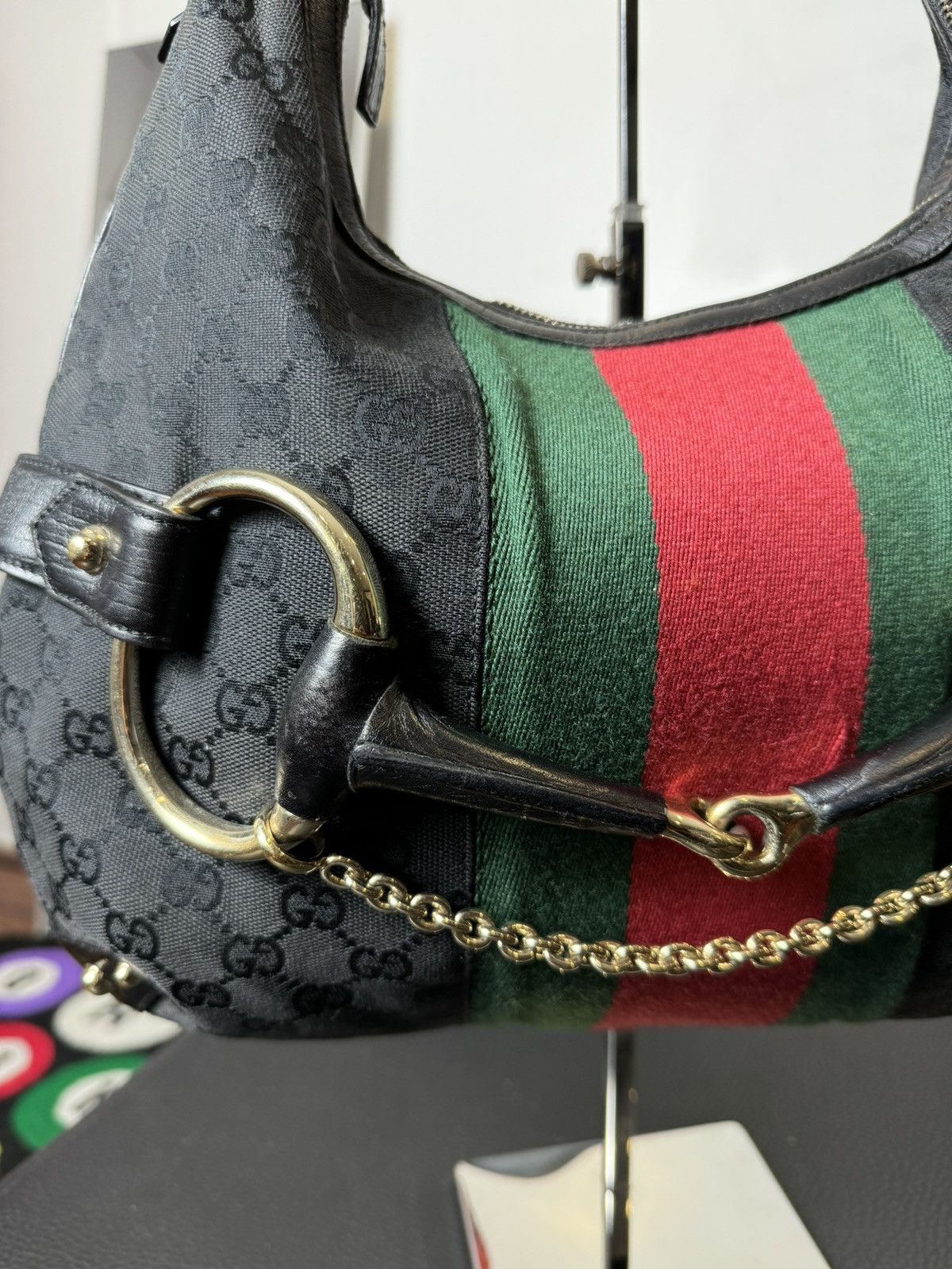 Gucci Gucci Black GG Canvas and Leather Horsebit Web Hobo Size ONE SIZE - 5 Thumbnail