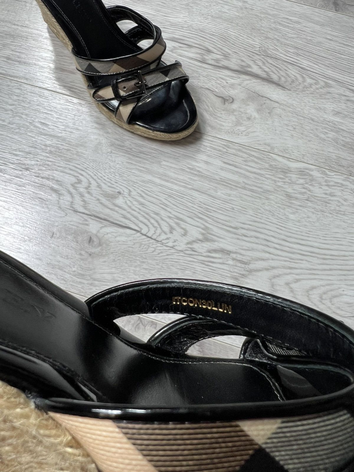 Burberry Women’s Nova Check Leather Wedge Espadrille Sandals