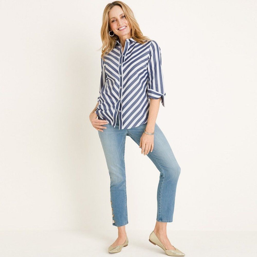 Chicos New Chico's No-Iron Cotton Striped Stain Shield Shirt Size Size L / US 10 / IT 46 - 1 Thumbnail