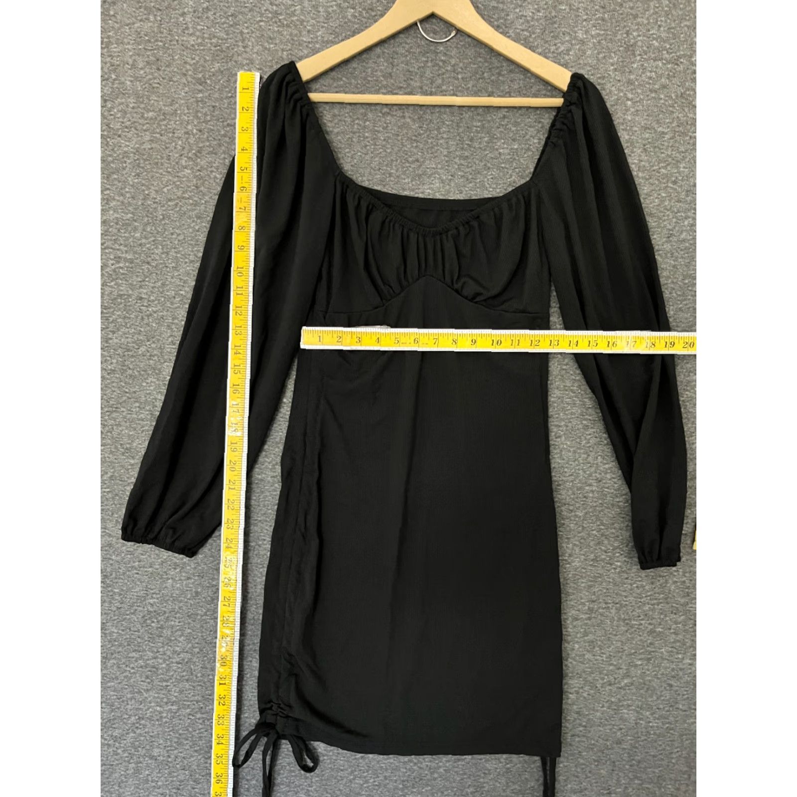 Vintage Solid Black Women's Dress Mini Puff Sleeve Ruched Drawstring Size L Womens Size L / US 10 / IT 46 - 4 Thumbnail