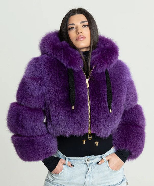 Other Women’s Purple Fox Fur Hooded Bomber Jacket Size L / US 10 / IT 46 - 1 Thumbnail