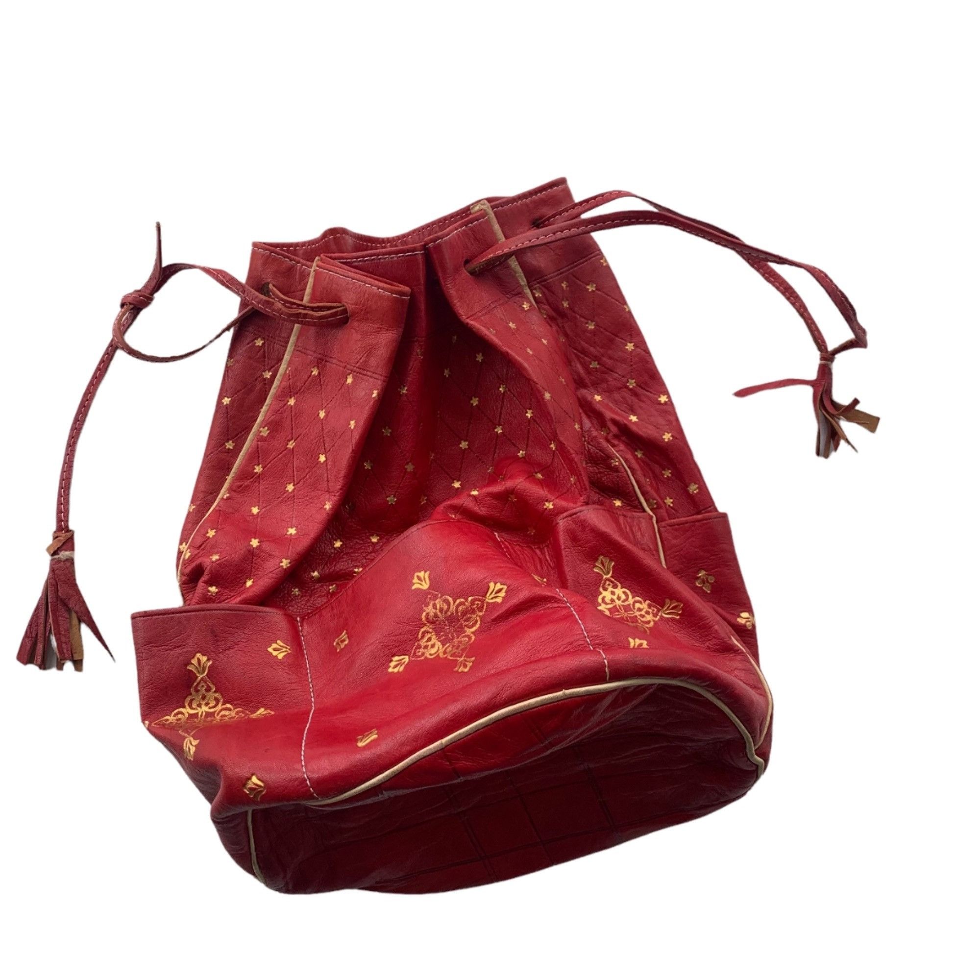 Vintage Vintage Red Leather Gold Foiled Star Print Drawstring Bucket Size ONE SIZE - 4 Thumbnail