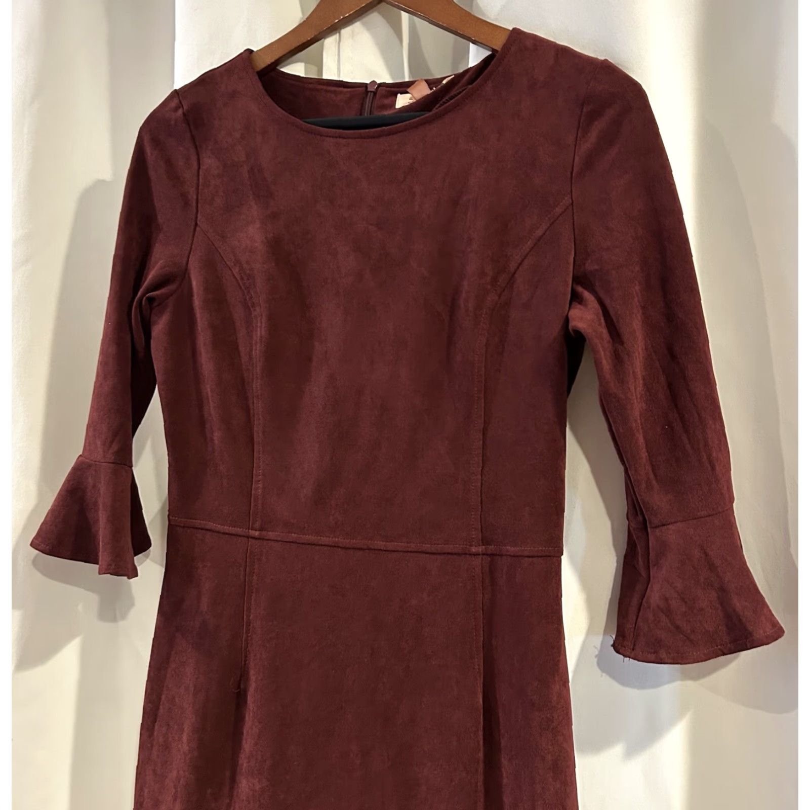 Bell VINTAGE Aryeh Dress Women S Red Suede Bell Sleeve Asymmetric Ruffle Drop Midi Pencil Sheath, 38in Length, Small, $ Size S / US 4 / IT 40 - 2 Thumbnail