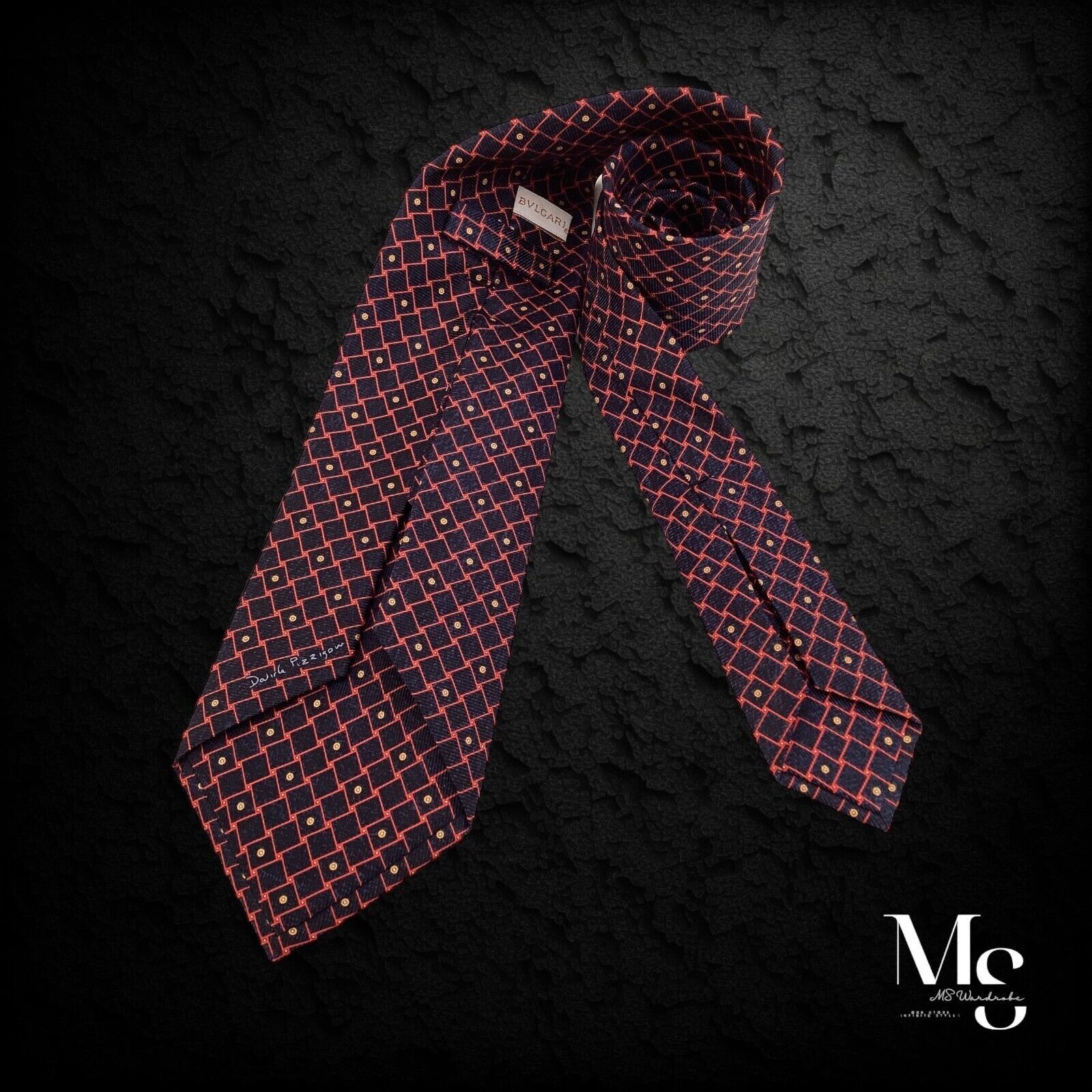BVLGARI SEVENFOLD Navy Red Geometric Silk Tie Made In Italy