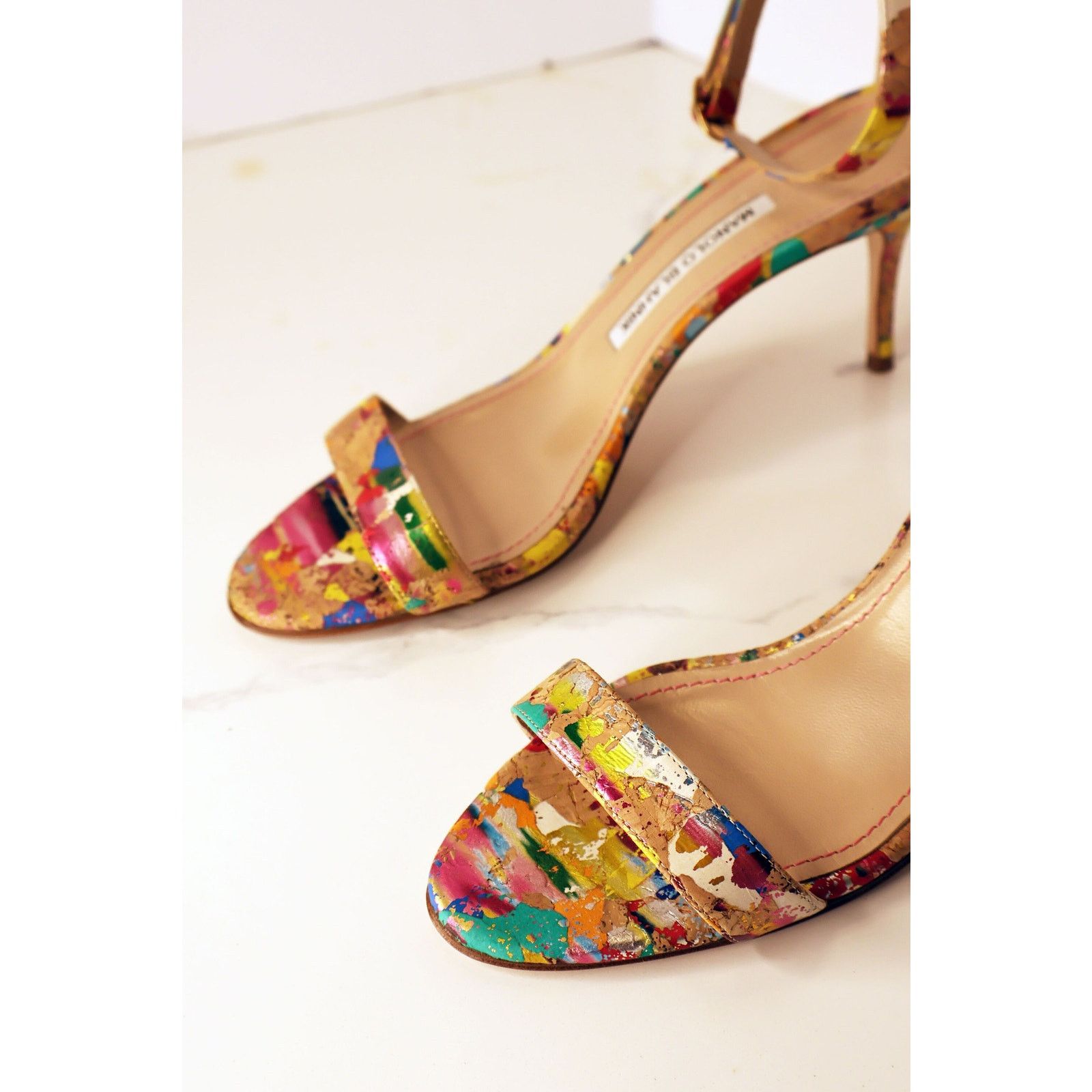 Manolo Blahnik Vintage Manolo Blahnik Cork + Splatter Paint Chaos Sandal Size US 8.5 / IT 38.5 - 7 Thumbnail