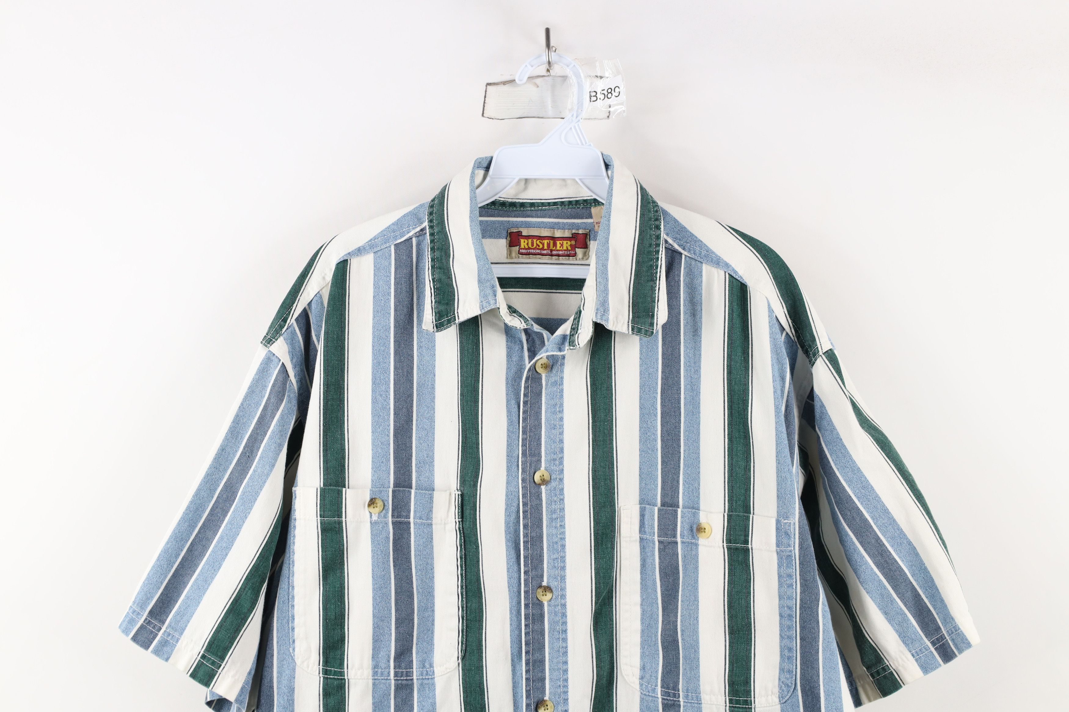 Vintage Vintage 90s Streetwear Striped Block Denim Button Shirt Size US L / EU 52-54 / 3 - 2 Thumbnail