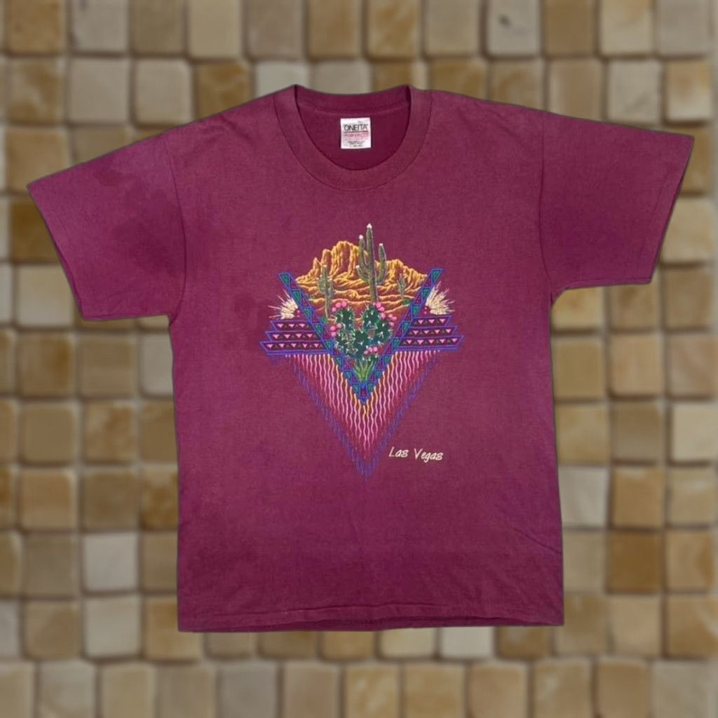 Vintage Vintage Oneita Las Vegas Souvenir Graphic T-Shirt L Men Burgundy 90s 90's 1990s Short Sleeve Round Neck Graphic Print Size US L / EU 52-54 / 3 - 1 Thumbnail