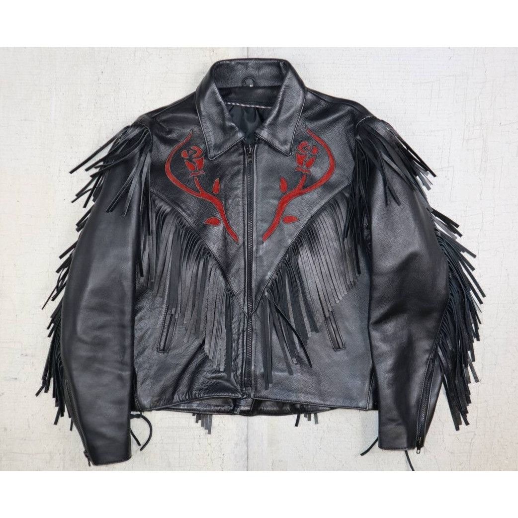 Vintage Vintage Black Leather Fringe Jacket w/ Red Rose Embroidery Size M / US 6-8 / IT 42-44 - 1 Thumbnail