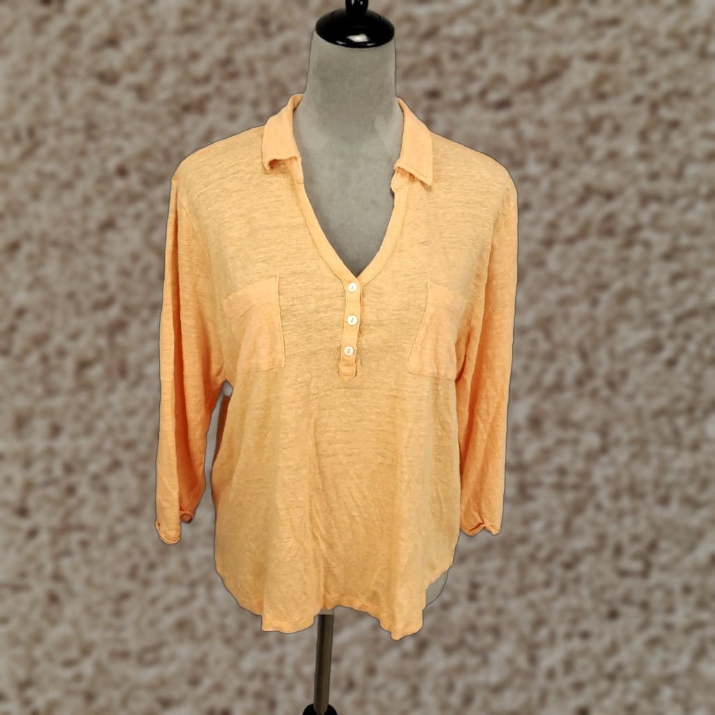 Vintage CHICOS Blouse Shirt Linen V-Neck Short Sleeve XL Womens Peach Orange Sheer Lightweight 1/4 Button Beach Modern Cute Size XL / US 12-14 / IT 48-50 - 1 Thumbnail