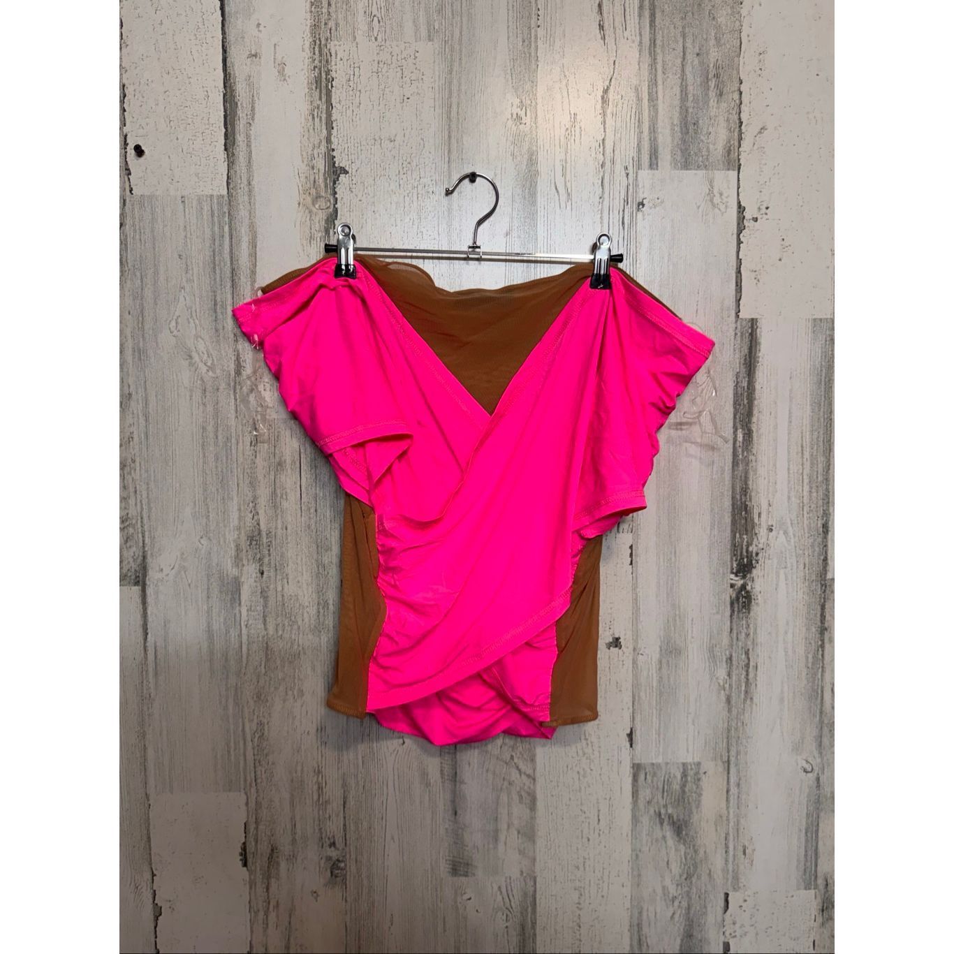 Other AKIRA Pink & Brown Sheer Mesh Wrap Top 3X Off Shoulder V-Nec Size 3XL / US 20-22 - 2 Thumbnail