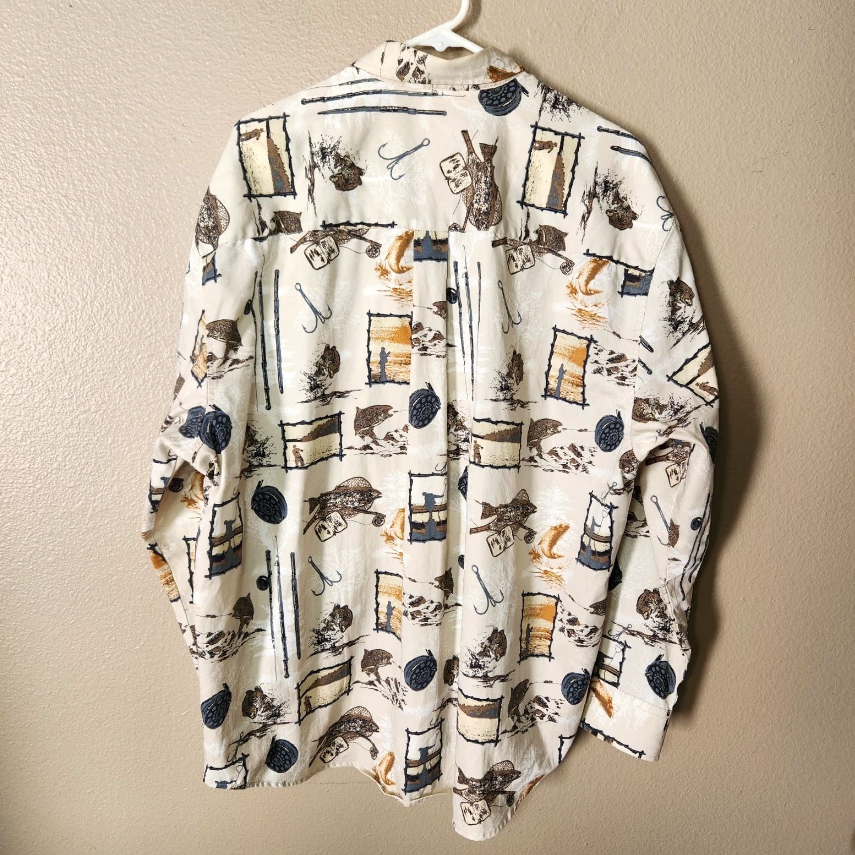 Vintage Natural Issue Fly Fishing Printed Button-Down Long Sleeve Cotton Shirt XL Men Beige Casual Shirts Mens Size US XL / EU 56 / 4 - 6 Thumbnail