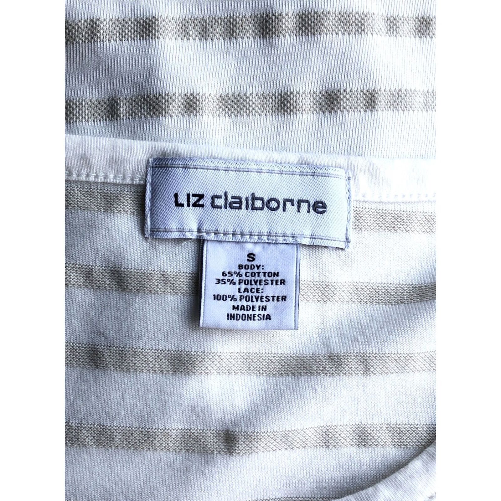 Liz Claiborne Liz Claiborne Shirt S ivory/tan stripe lace trim short sleeve tee cottage preppy Size S / US 4 / IT 40 - 4 Thumbnail