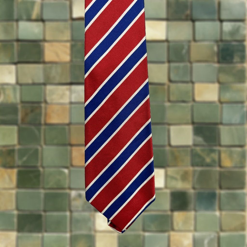 Harrods Silk Tie White Blue Red Repp Stripe Brompton Club Mens, Men's