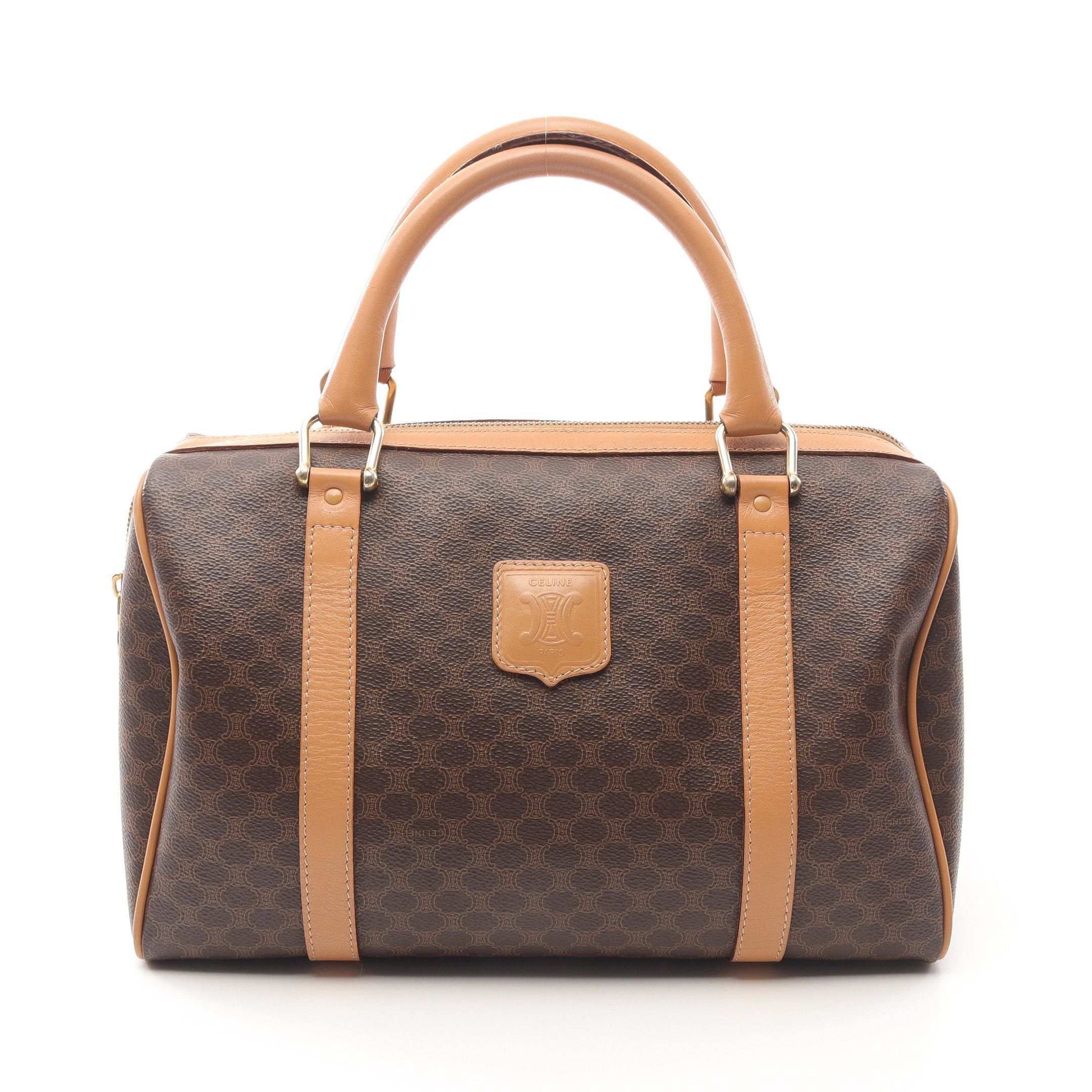 Celine Macadam Handbag Mini Boston Bag Leather Dark Brown Beige in Black, Women's