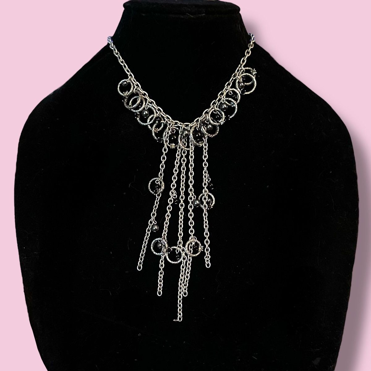 Other Silver tone rings and black beads chain fringe necklace Size ONE SIZE - 1 Thumbnail