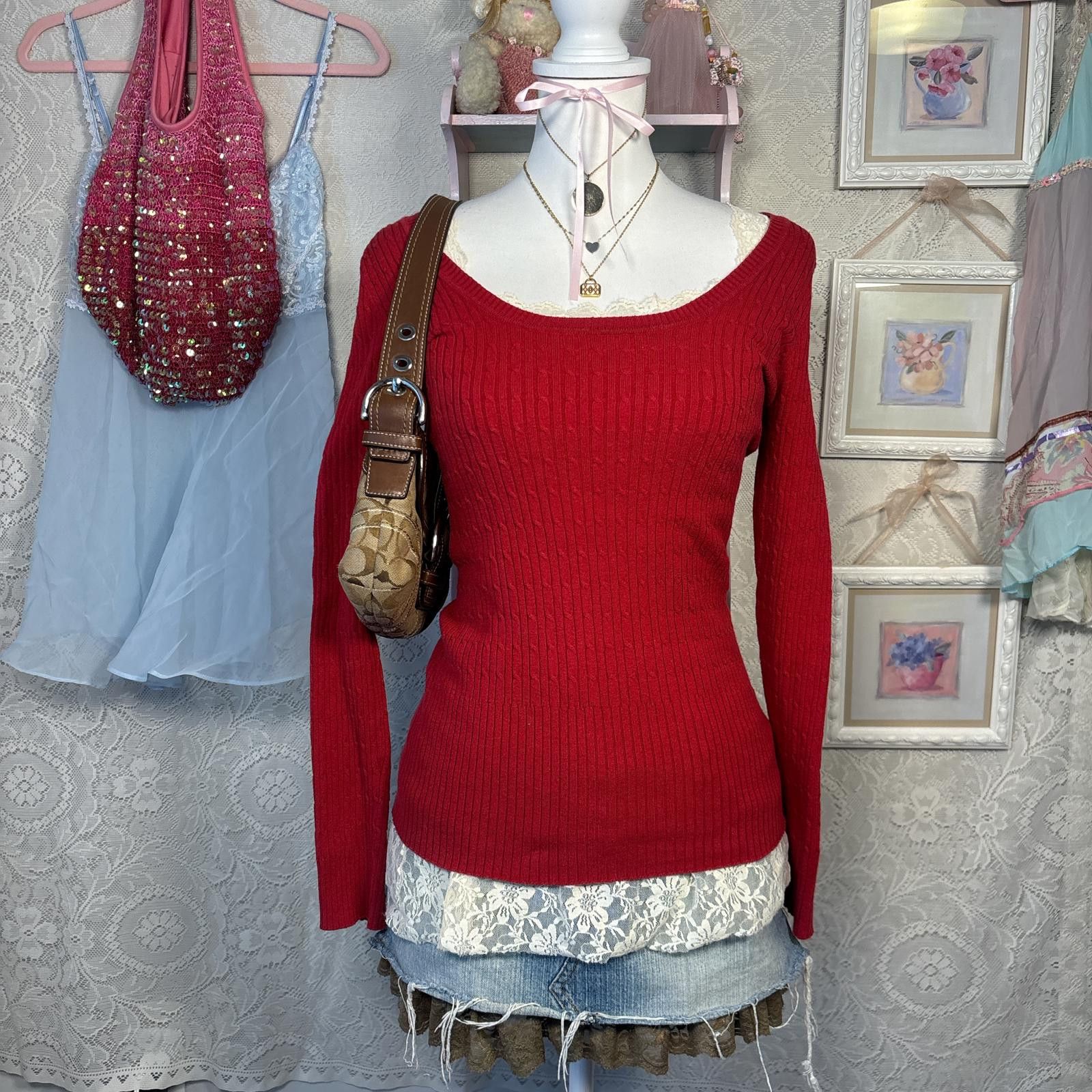 Other y2k elena gilbert red cable knit fitted sweater Size L / US 10 / IT 46 - 1 Thumbnail