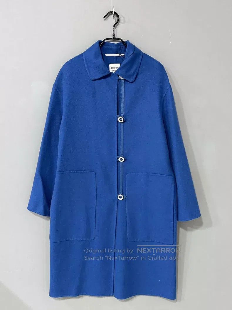 Hermes Hermes Blue Leather Patch Long Wool Cashmere Coat Size XXS / US 00 / IT 34 - 2 Thumbnail