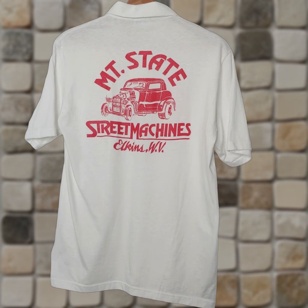 Vintage VINTAGE Single Mountain State Street Machines Polo Shirt L White Men Short Sleeve Collared Graphic Print Car Club 90s Hot Rod Boys Girls Mens Womens Size US L / EU 52-54 / 3 - 1 Thumbnail