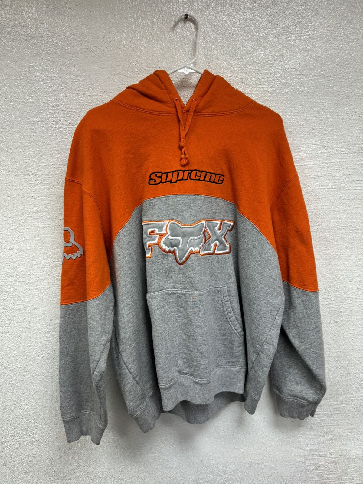 image of Supreme Fox Hooded Racing Sweatshirt Grey in Orange, Men's (Size Large)