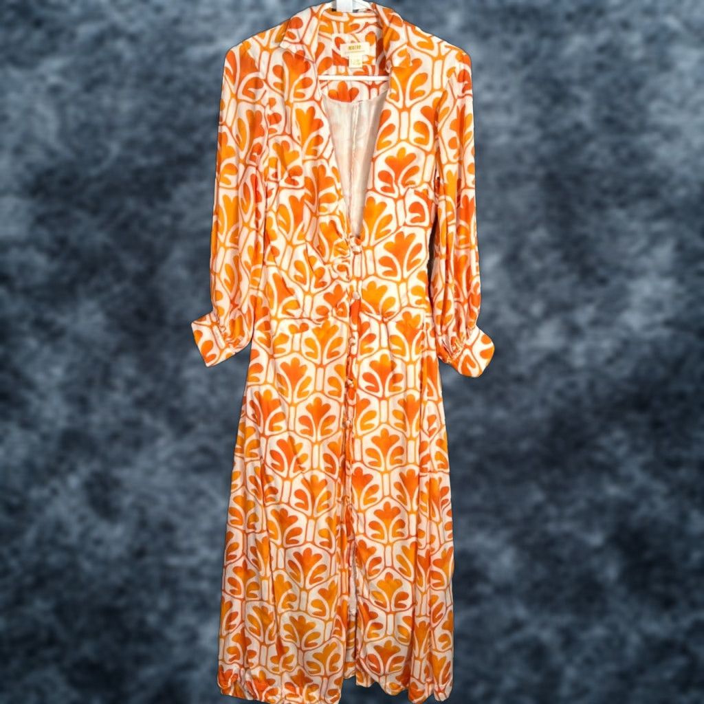 MAEVE Floral Print Shirt Dress Orange Long Sleeve Adult Womens 0 V-Neck Flower Theme