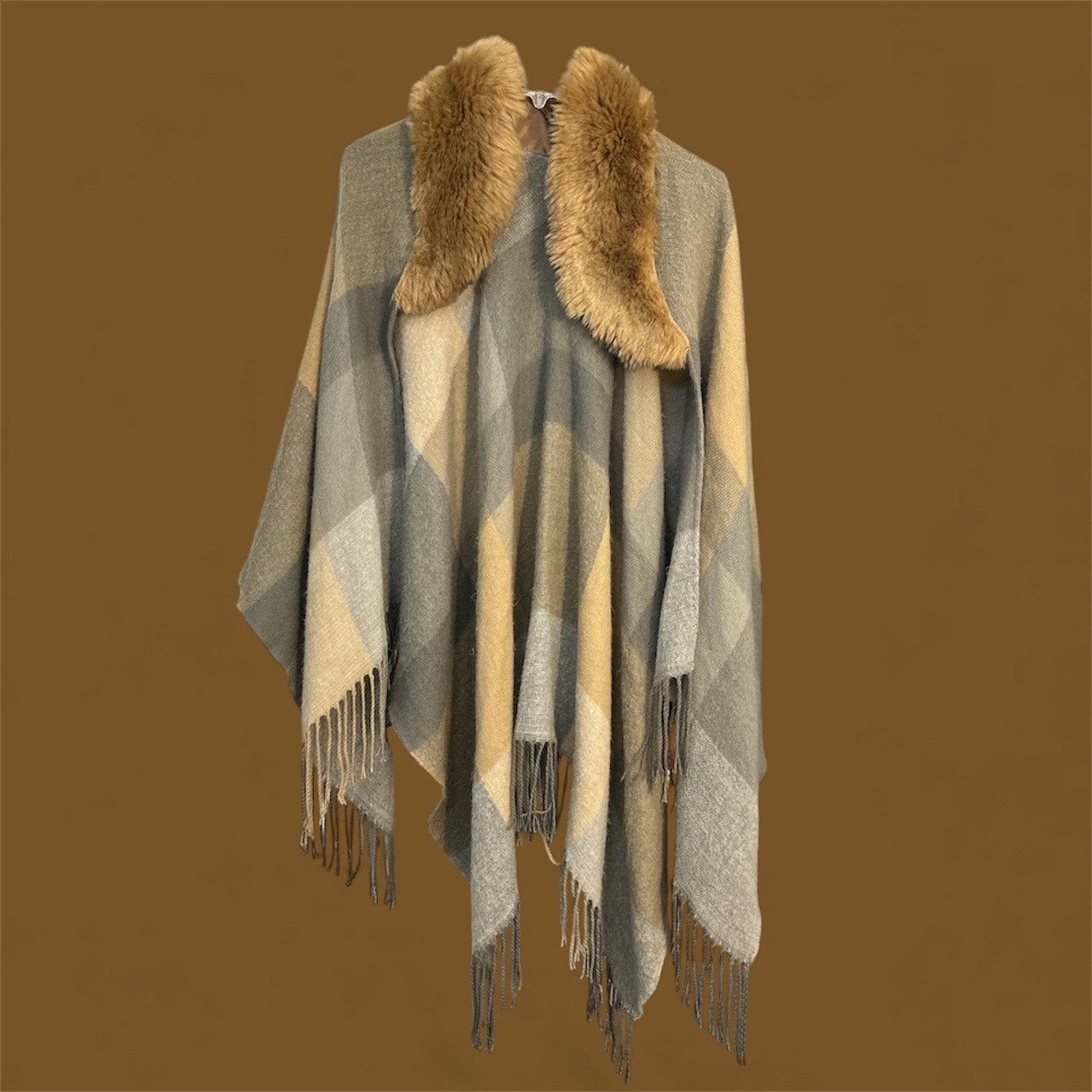 The Unbranded Brand Grey/Beige Plaid Poncho One Size Size ONE SIZE - 2 Thumbnail