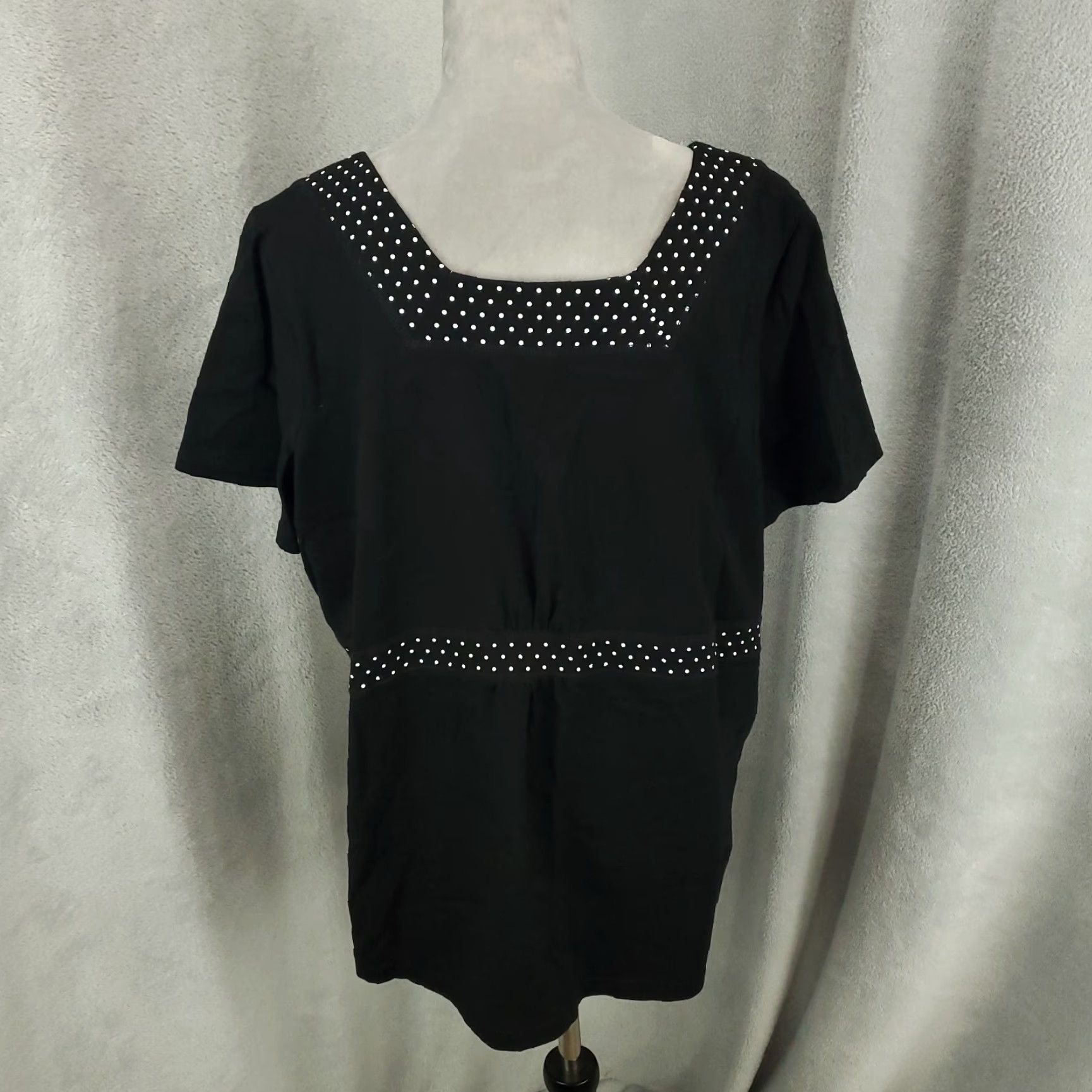 Denim & Co. Denim & Co Top Womens 1X Polka Dot Sweetheart Neckline V Neck Blouse Casual Knit Cotton Spandex Black for Women Plus Size 1X - Denim & Co. Size XL / US 12-14 / IT 48-50 - 3 Thumbnail