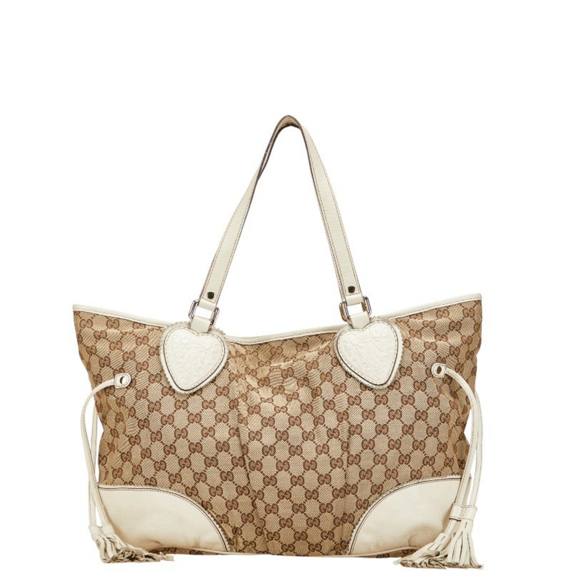 Gucci GG Canvas Tote Bag Shoulder 211954 Beige White Leather Women's GUCCI