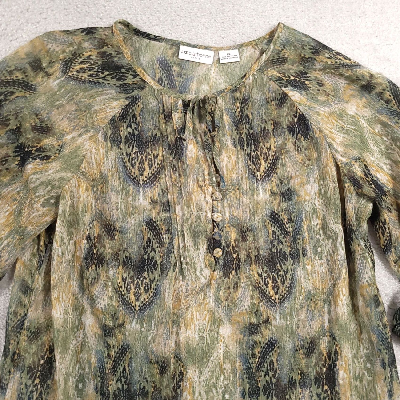 Liz Claiborne Liz Claiborne Shirt Women's PL Petite Green Lightweight Long Sleeve Henley Tie Shirt Size L / US 10 / IT 46 - 3 Thumbnail