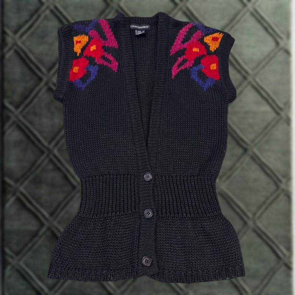 J Brand VINTAGE Counterparts Black Floral Knit Cardigan Sleeveless Sweater L Women 80s Size L / US 10 / IT 46 - 1 Thumbnail