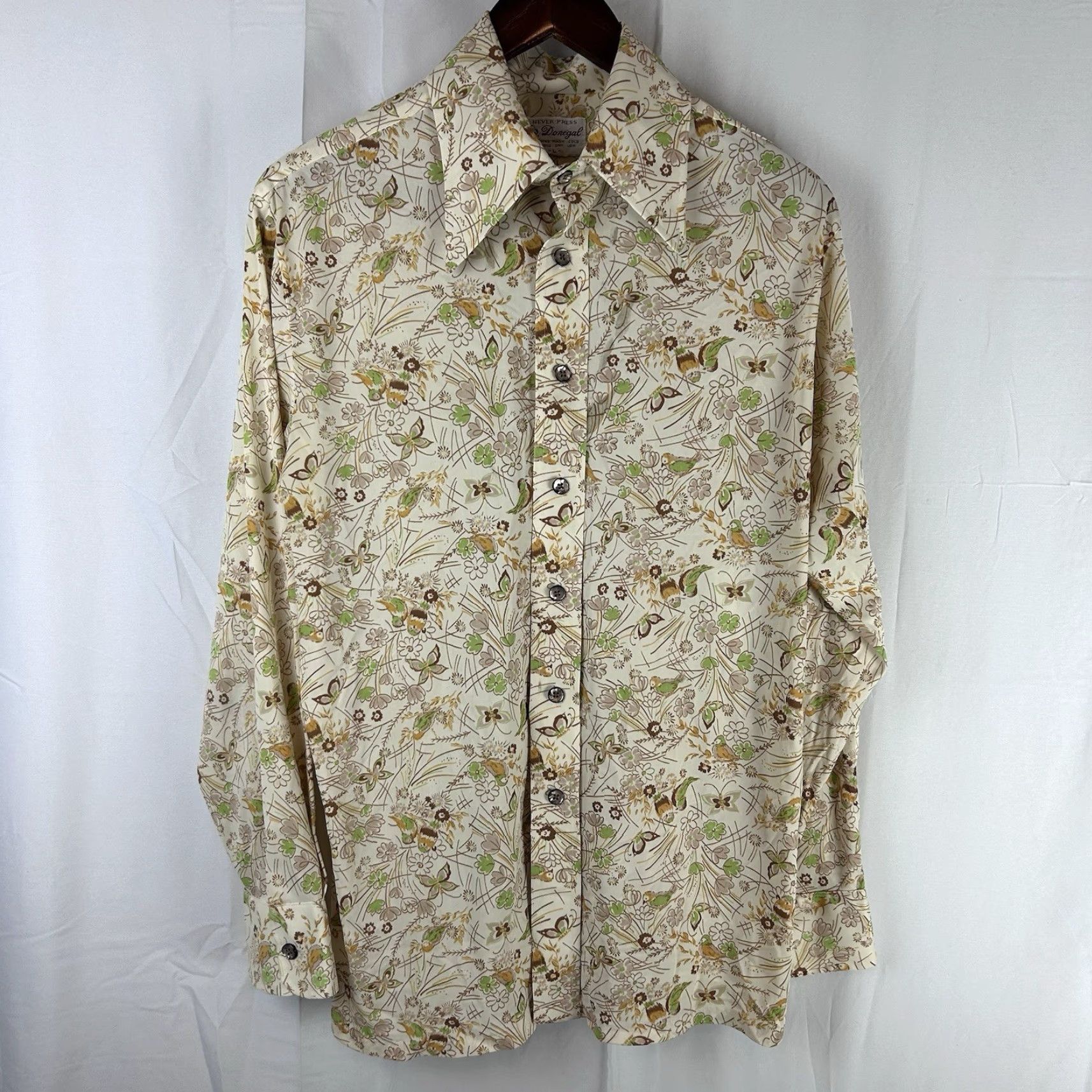 Vintage VINTAGE Donegal Never Press Spear Point Long Sleeve Shirt AOP Large Bird Beige 1970s M Mens Ladies? Size US M / EU 48-50 / 2 - 2 Thumbnail