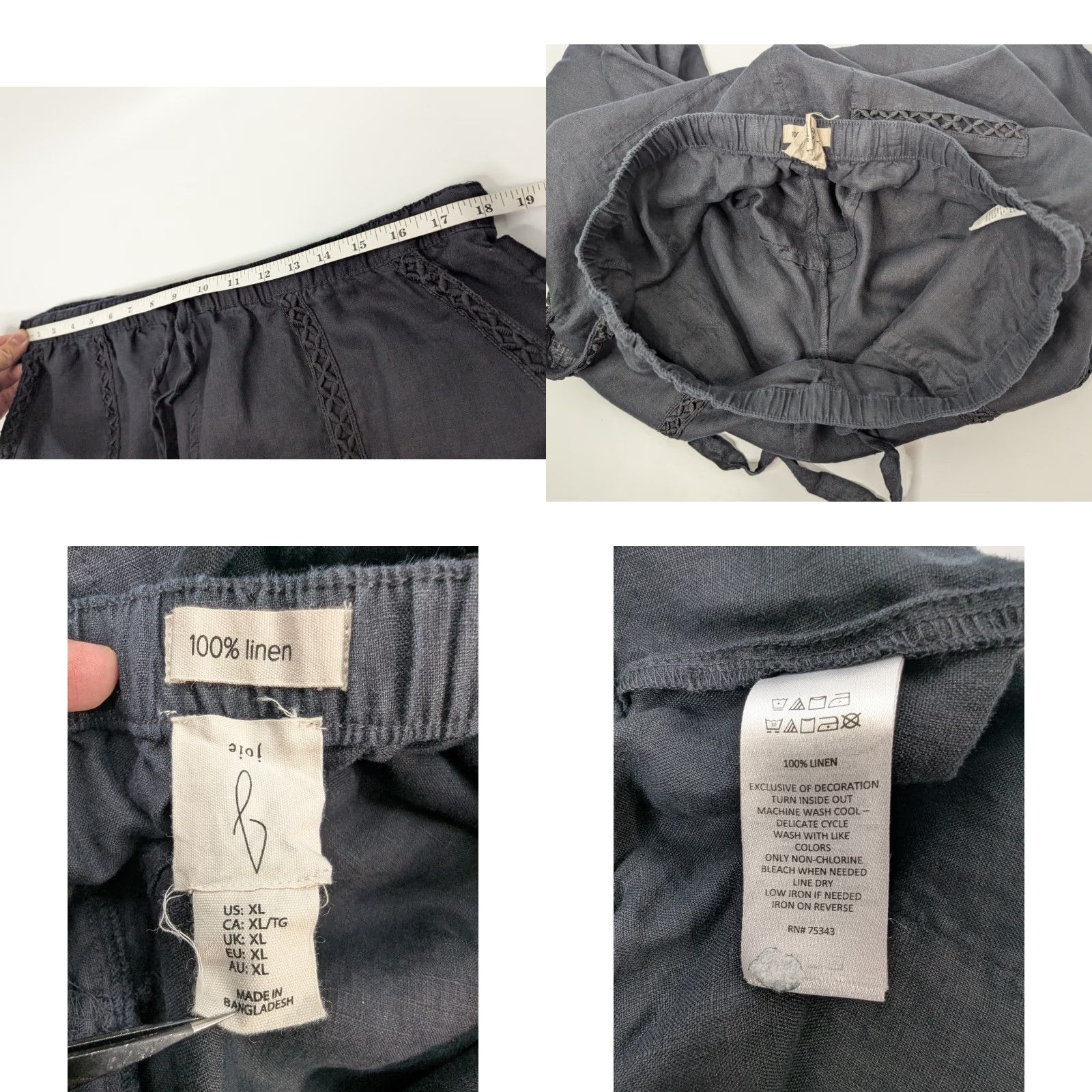 Joie Joie Pants Womens XL Black 100% Linen Cropped Wide-Leg Drawstring Lace Beach Bohemian Resort Casual Travel Size 40" / US 18 - 8 Thumbnail