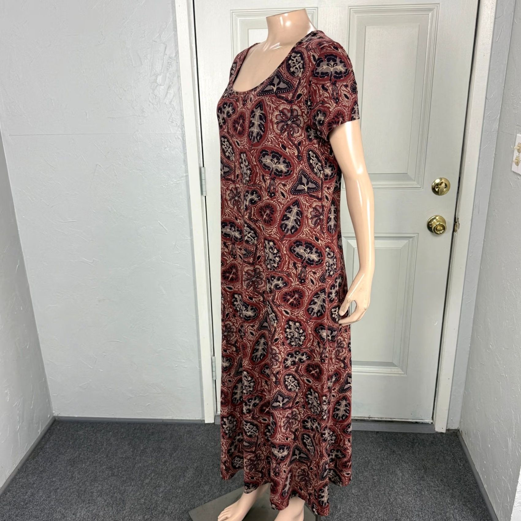 Vintage Peruvian Connection Dress Women L Pima Cotton Floral S/S Stretch Round Neck Midi Size L / US 10 / IT 46 - 3 Thumbnail