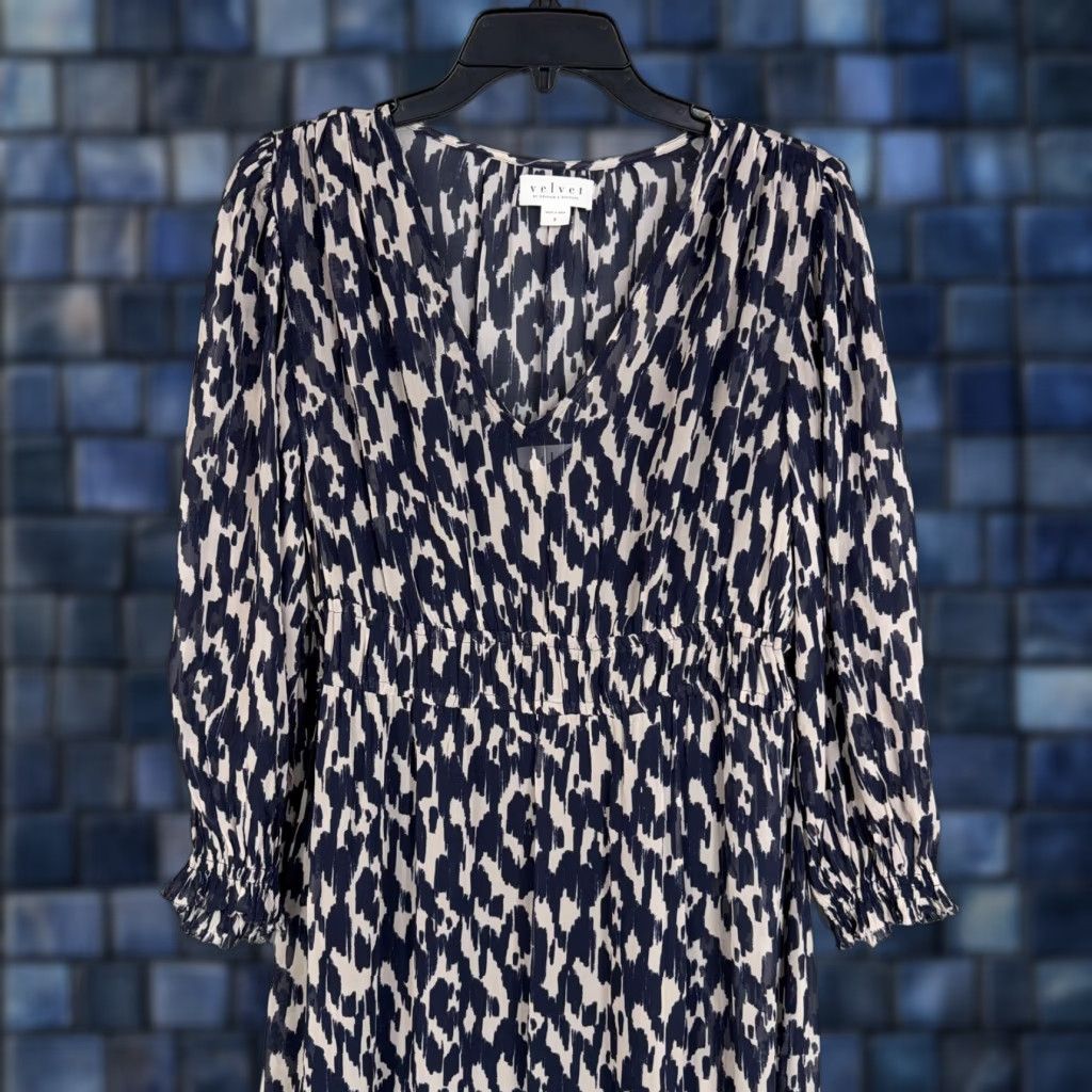 Velvet Velvet by Graham & Spencer Dress Womens Small Blue Animal Print V-Neck Long Balloon Sleeve Midi Casual Modern Dressy Size S / US 4 / IT 40 - 1 Thumbnail